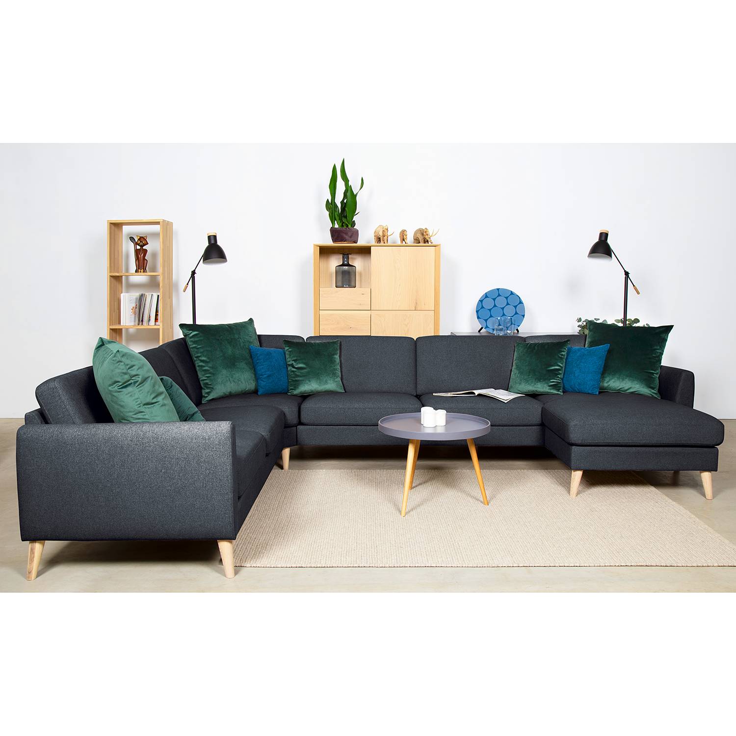 home24 Mørteens Wohnlandschaft Kustavi Dunkelblau Strukturstoff 348x80x269 cm (BxHxT) Skandi