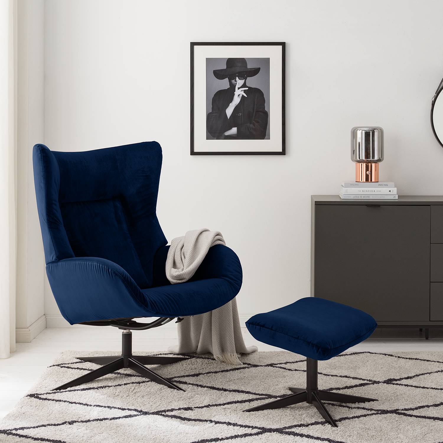 home24 Mørteens Relaxsessel Salla II Marineblau Samt mit Relaxfunktion 70x100x85 cm (BxHxT)