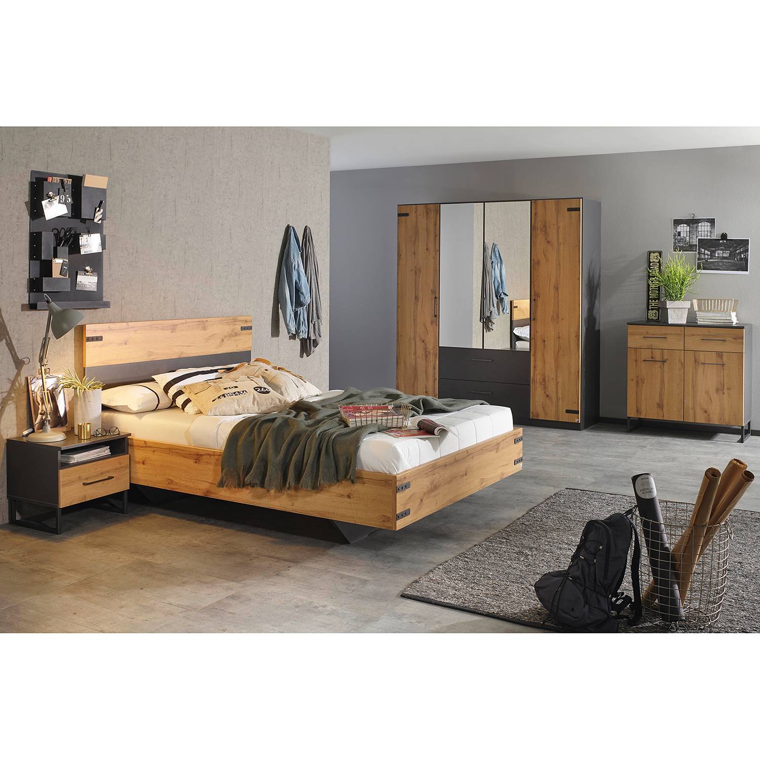 home24 Rauch Bettgestell Butte 90x200 cm Holzwerkstoff Eiche Wotan/Grau Metallic Industrial