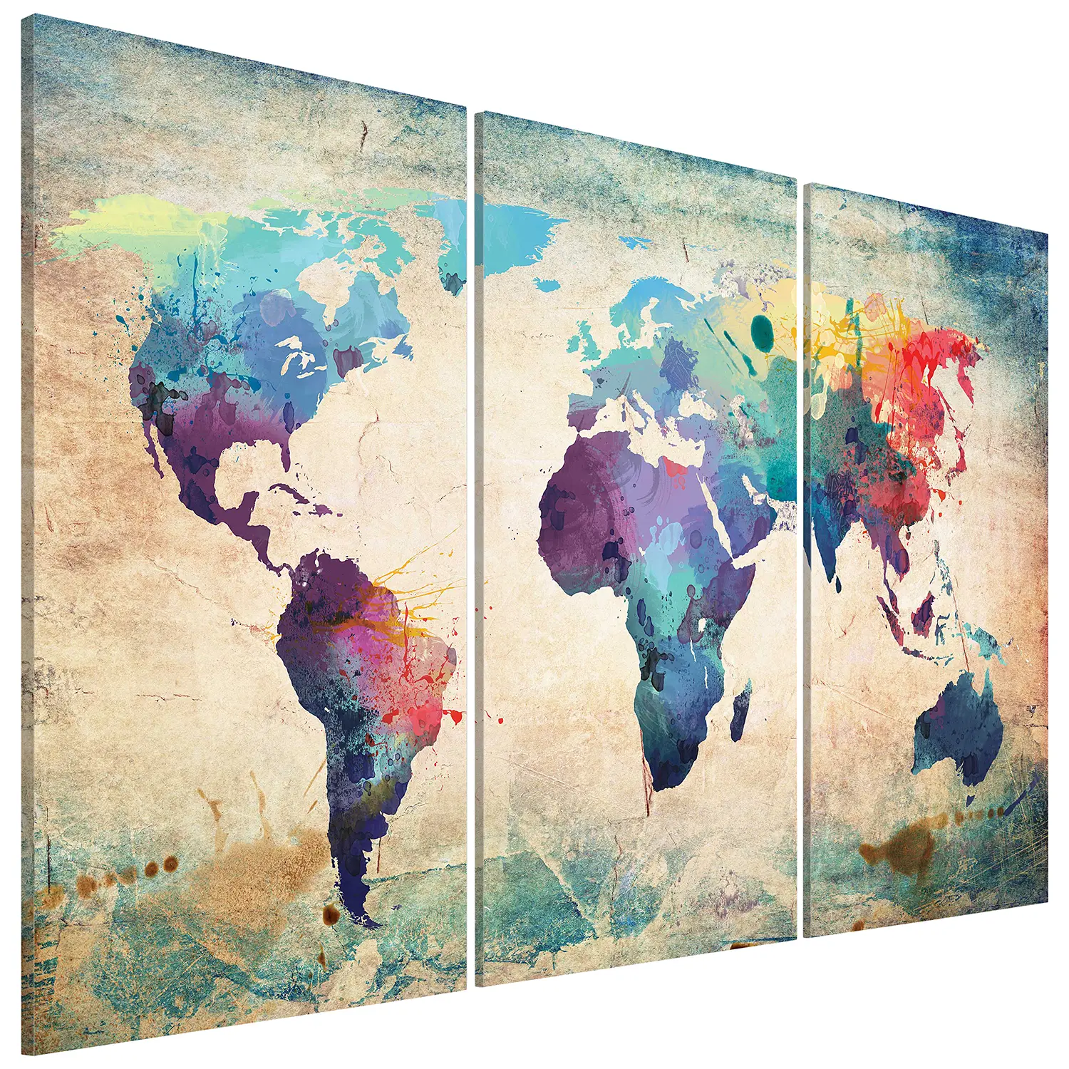 Wandbild Bunte Triptychon Weltkarte