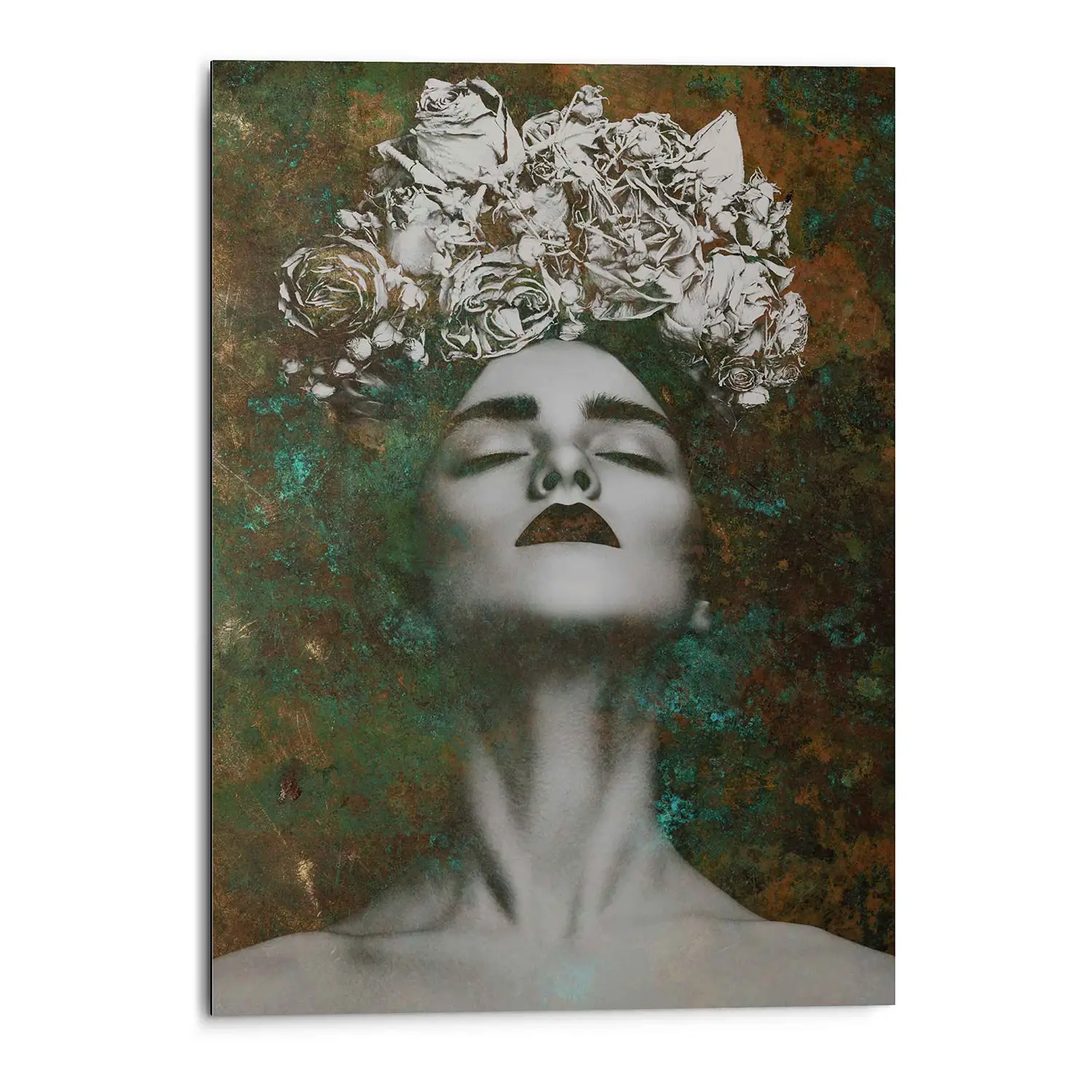 Frau mit Wandbild Blumenkranz
