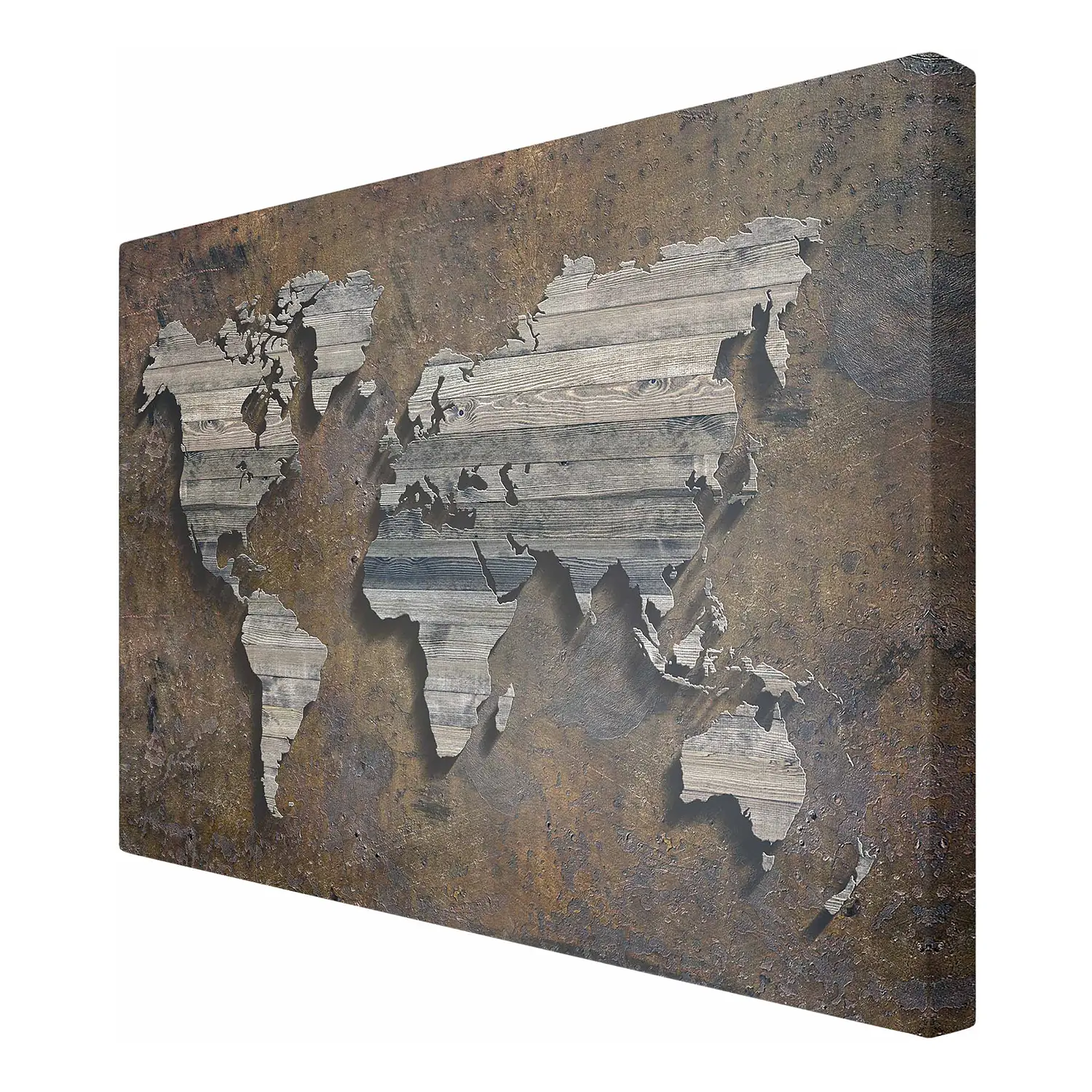 Leinwandbild Holz Rost Weltkarte I