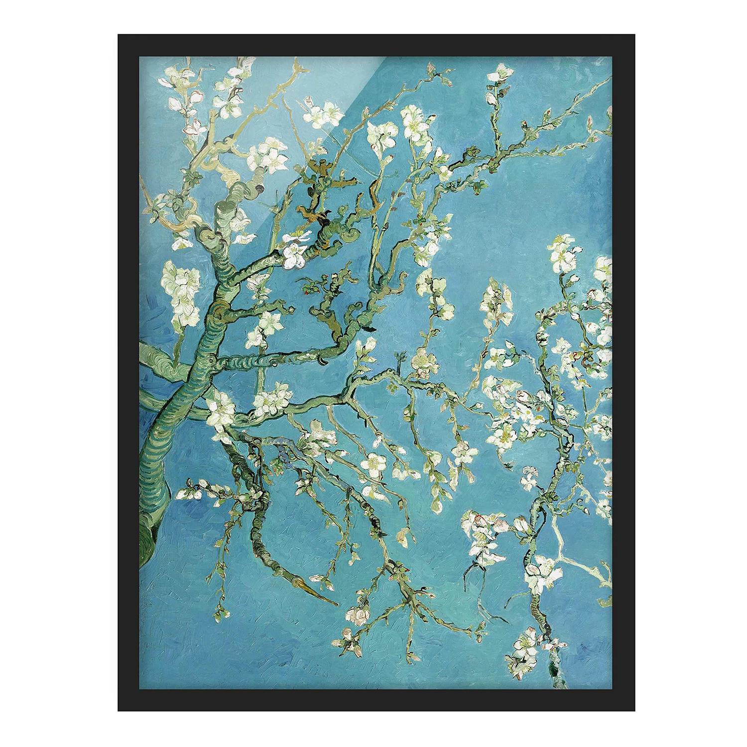 Tableau Reproduction Van Gogh 'Amandier En Fleurs' 70x50 Cm - Avec Cadre En Bois Noir Et Plexiglas, Prêt à Accrocher