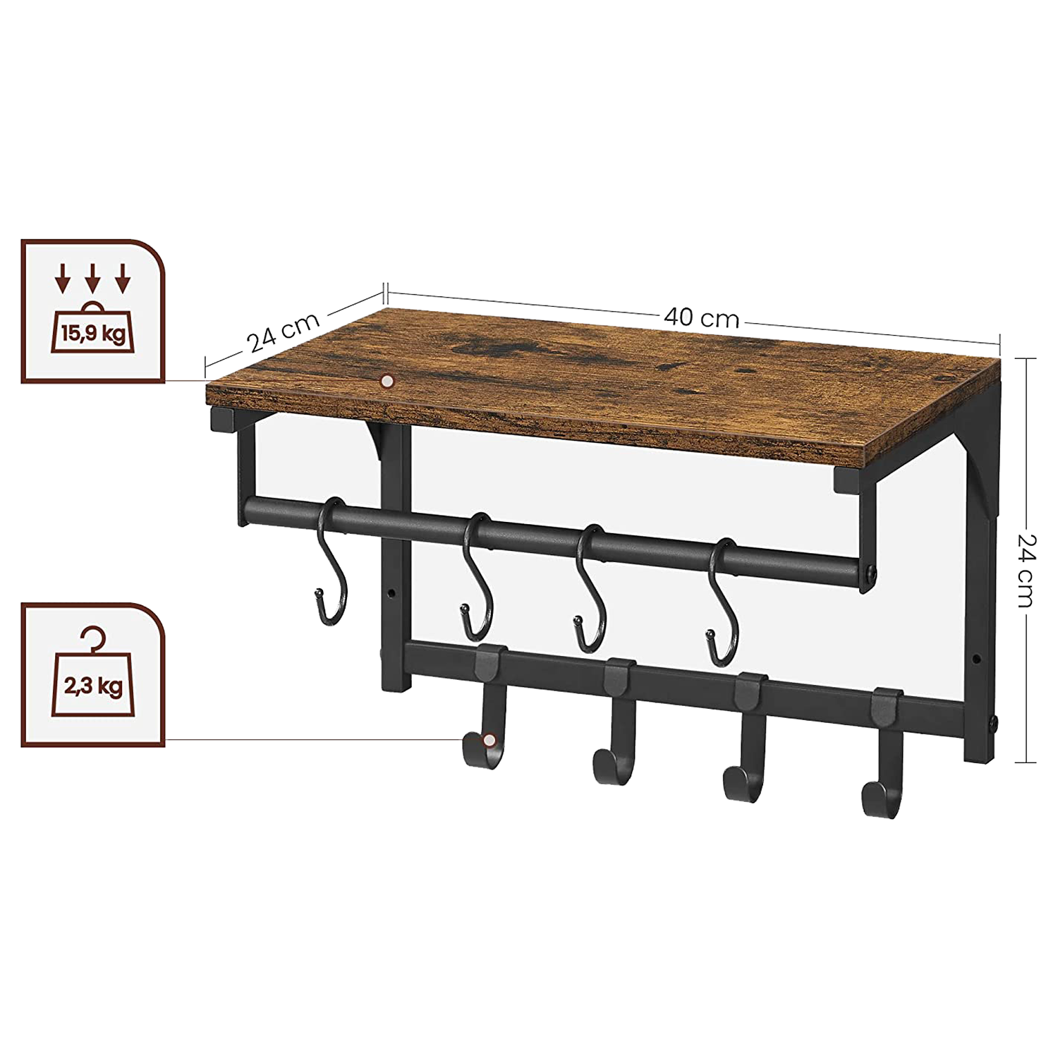 7H SEVEN HOUSE Mensola Appendiabiti OILU - Struttura In Acciaio E Legno Con 3 Ripiani, Design Industriale, 90x40x167 Cm, Carico 85kg - 3