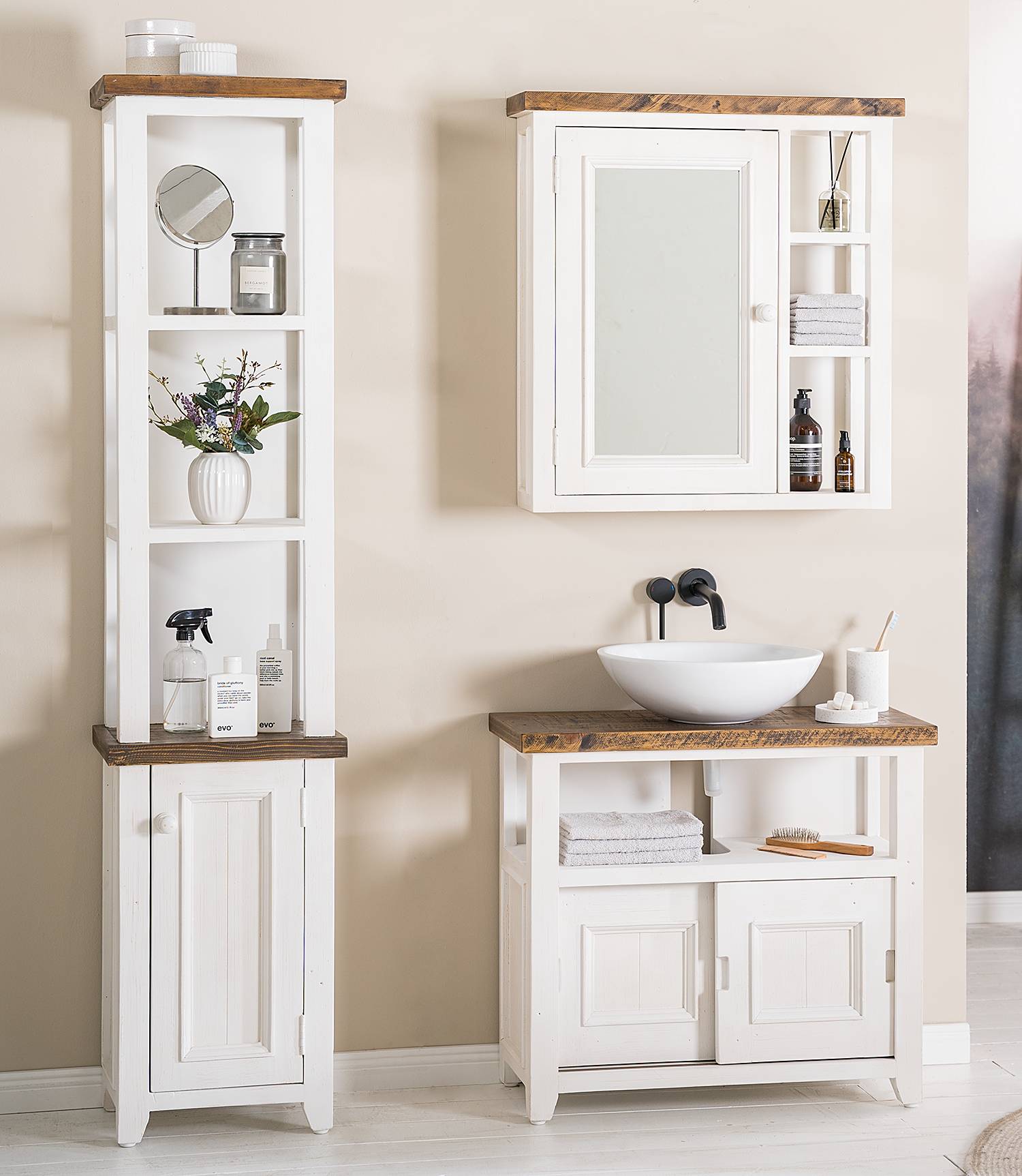 Jokey Set di mobili da bagno Libato – 60 90 120 cm di larghezza – bianco o antracite lucido – Mobile bagno doppio lavabo con mobiletto con specchio con illuminazione e armadietto