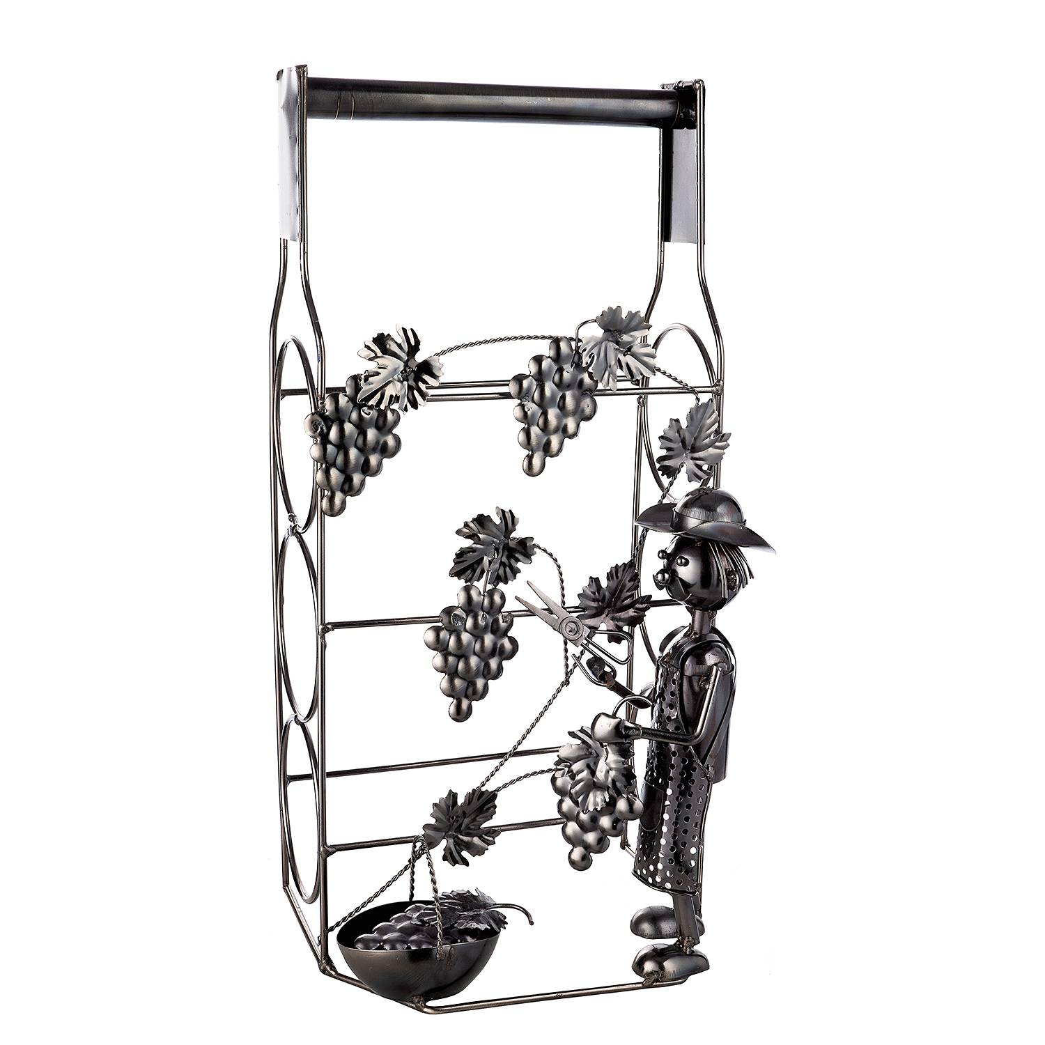 Portabottiglie e bicchieri in metallo nero e rattan 23 x 18 x 41 cm
