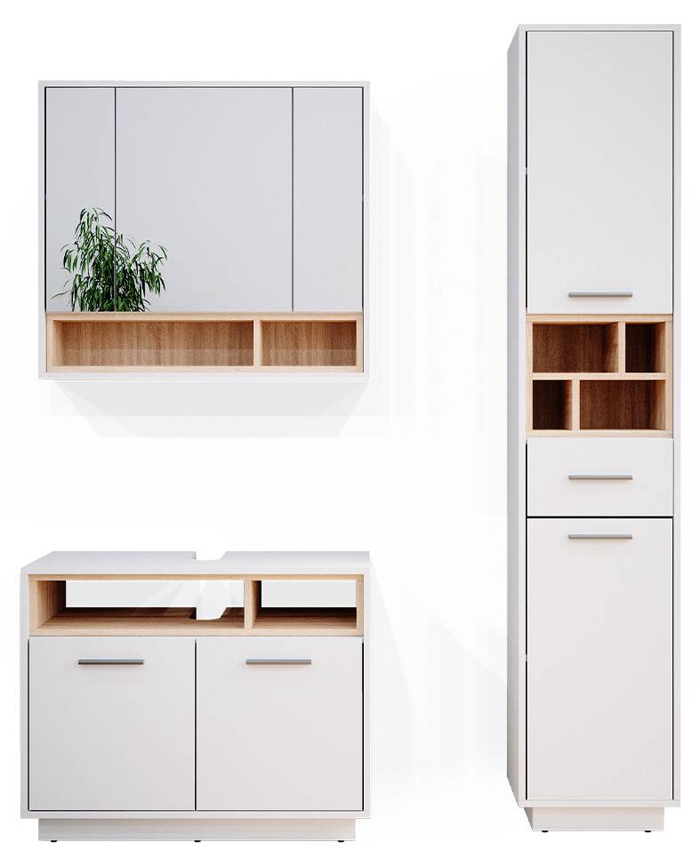 Coiffeuse Beatrice en blanc/sonoma + tabouret + lumière LED