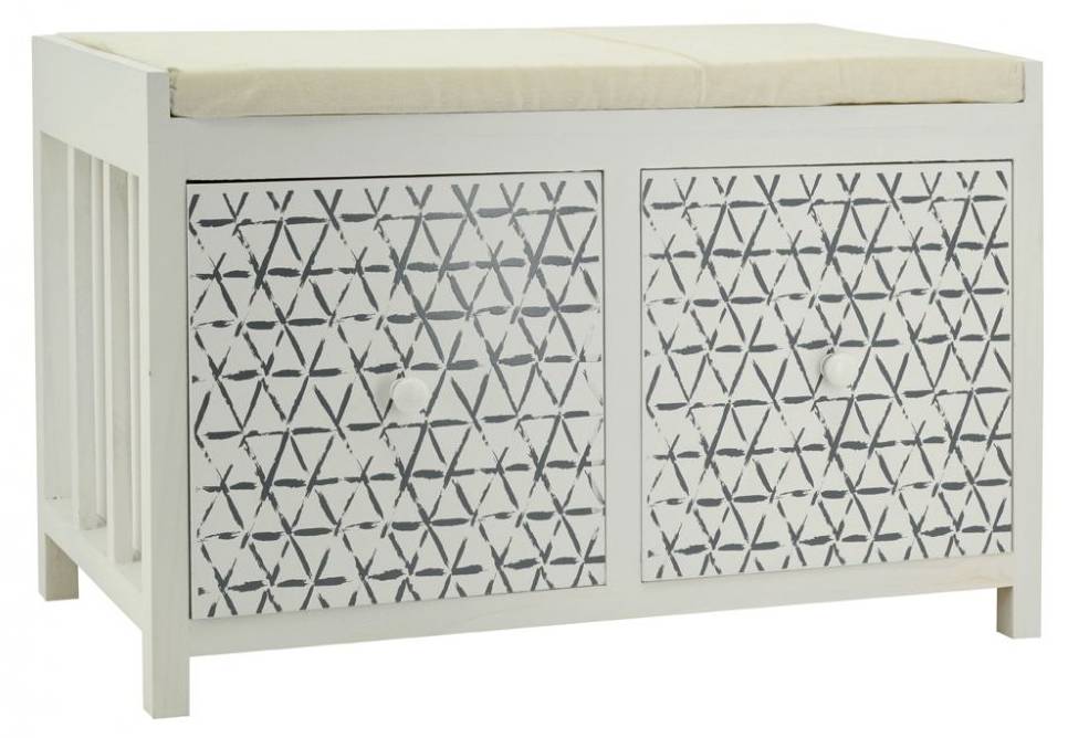 Banc avec rangement en bouclette blanc avec pieds en bois naturel