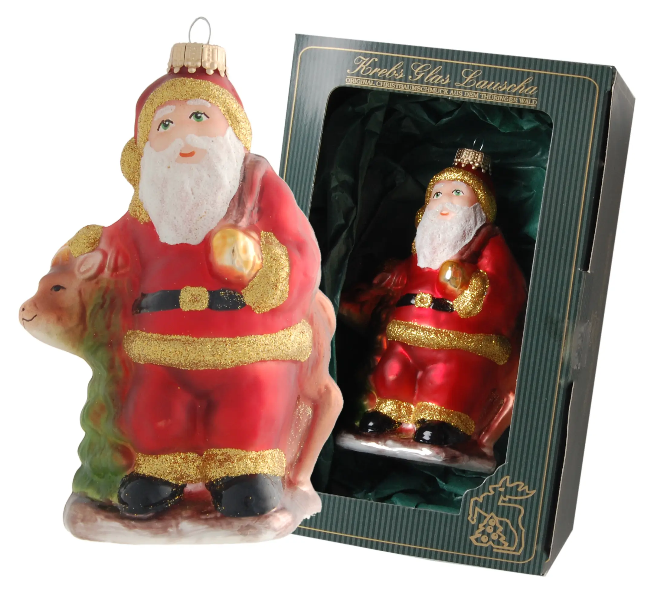 Weihnachtsmann mit Rentier 12cm aus Glas | Girlanden & Hänger