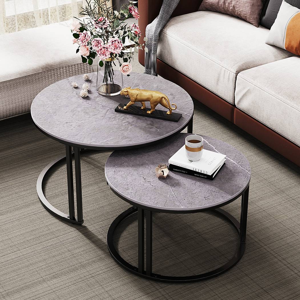 FABATO Runder Couchtisch Mit Hubplatte – 2-stöckig Mit Stauraum, 90 Cm, Grau (Bauernhaus-Design)