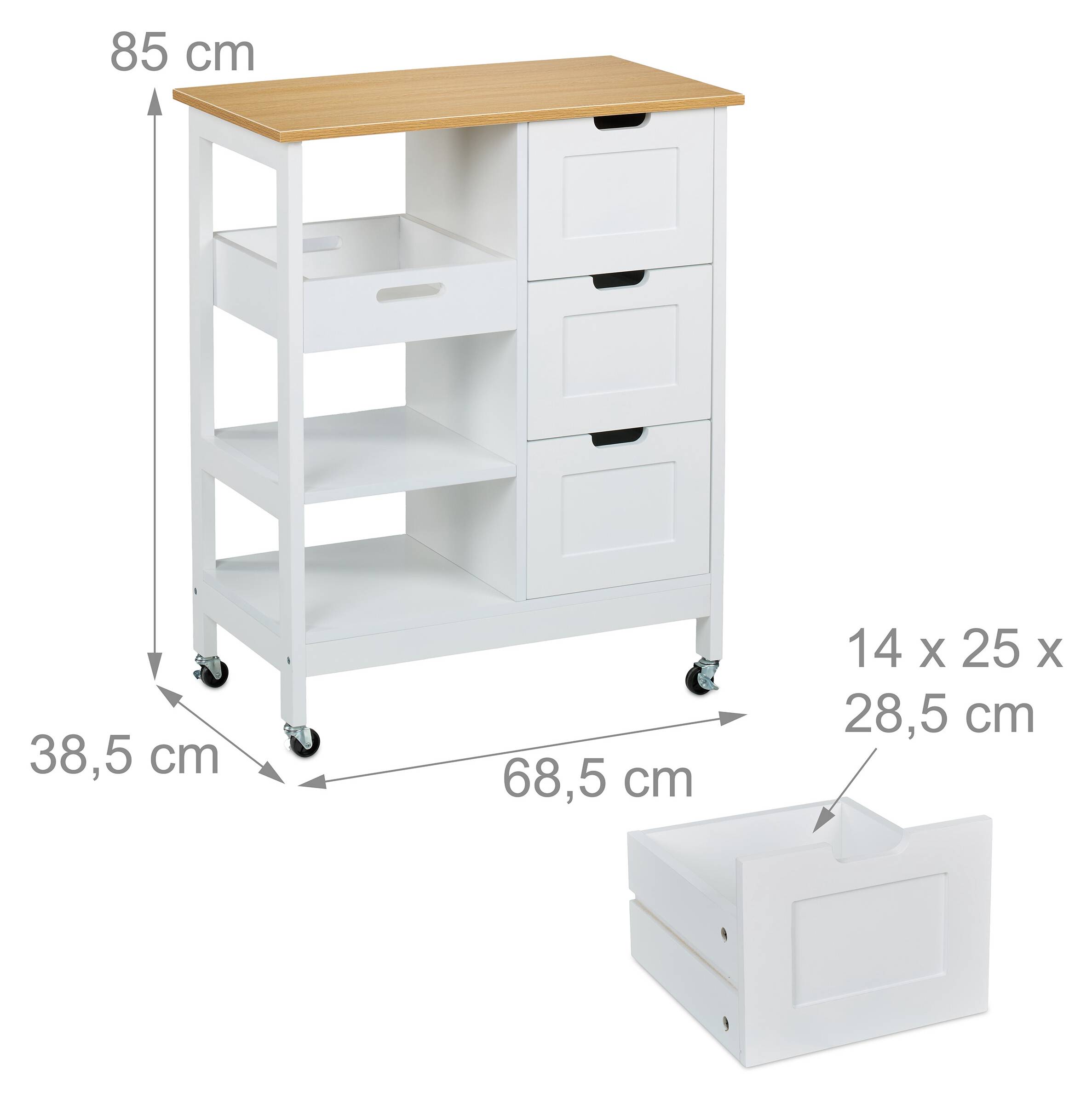 Relaxdays, Grijs keukentrolley met wijnrek, mooi werkblad, lade, deur, 360° wielen, hout, HBT: 90 x 63,5 x 49,5 cm, standaard