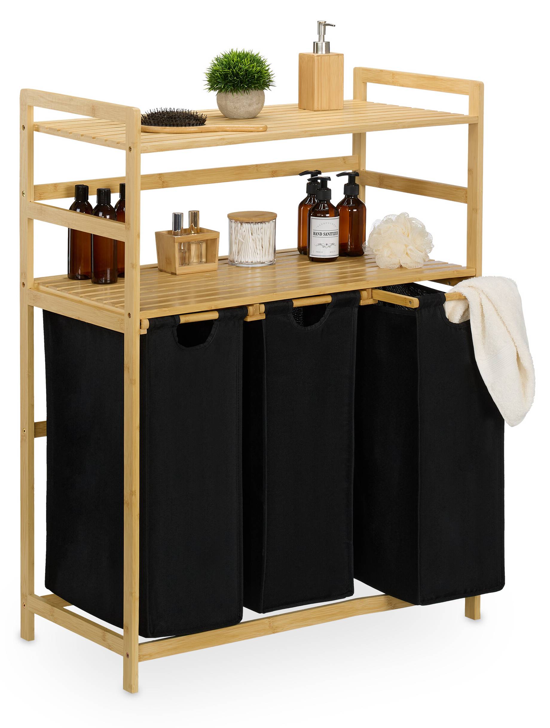 Relaxdays badkamerrek met wasmand, 1 plank & 3 stoffen manden, H x B x