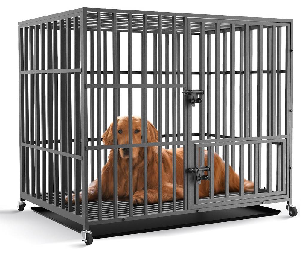 ROOMTEC Hundekäfig Für Große Hunde - 121 Cm, Mit 2 Edelstahlnäpfen & Höhenverstellbarem Futterspender