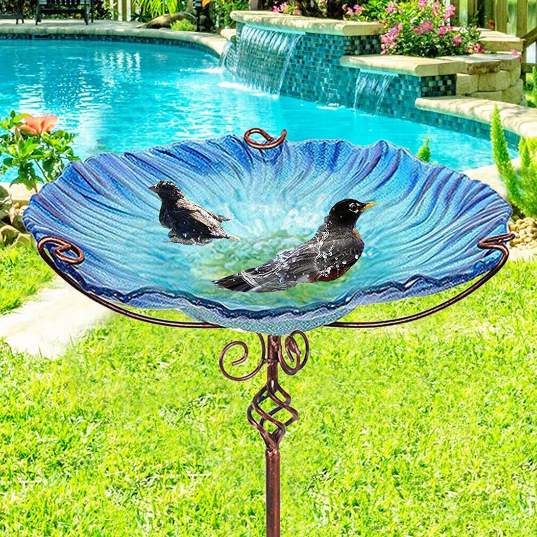 Keramik Vogeltränke & Futterspender – Blau Mit Roter Blume, 31x31cm, Für Garten, Terrasse & Yard