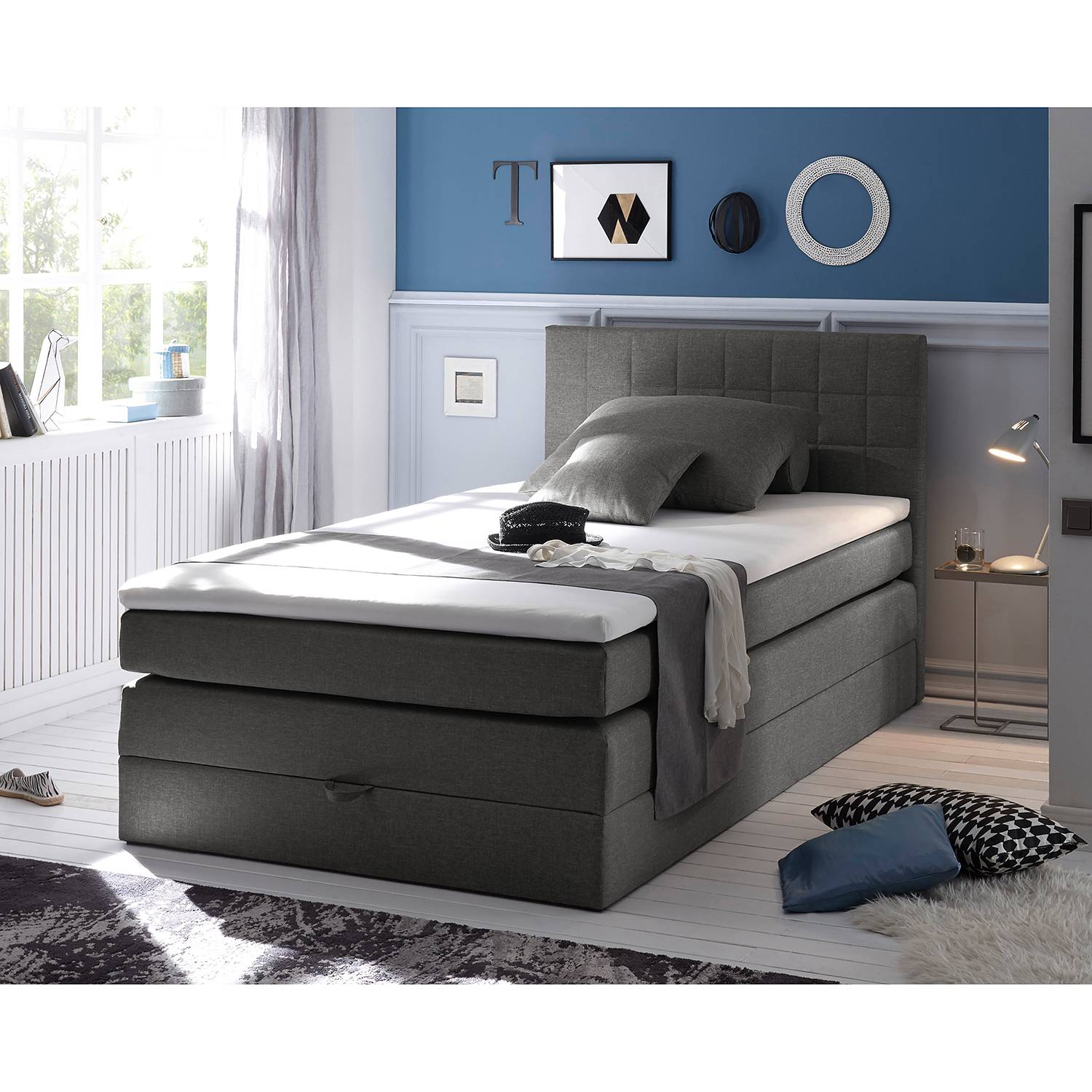 home24 loftscape Boxspringbett Harvi 120x200 cm Webstoff Anthrazit mit Topper Modern