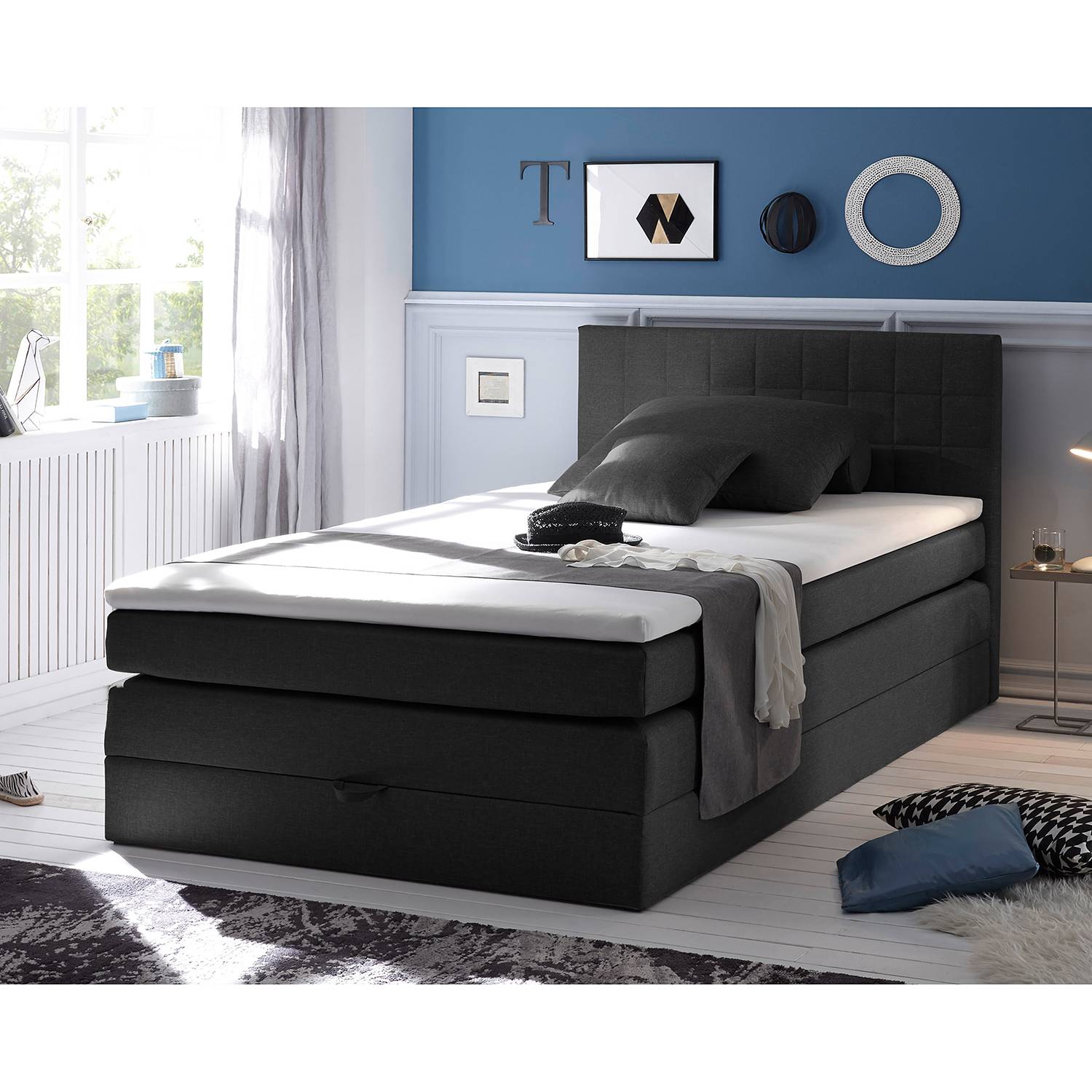 home24 loftscape Boxspringbett Harvi 140x200 cm Webstoff Schwarz mit Topper Modern