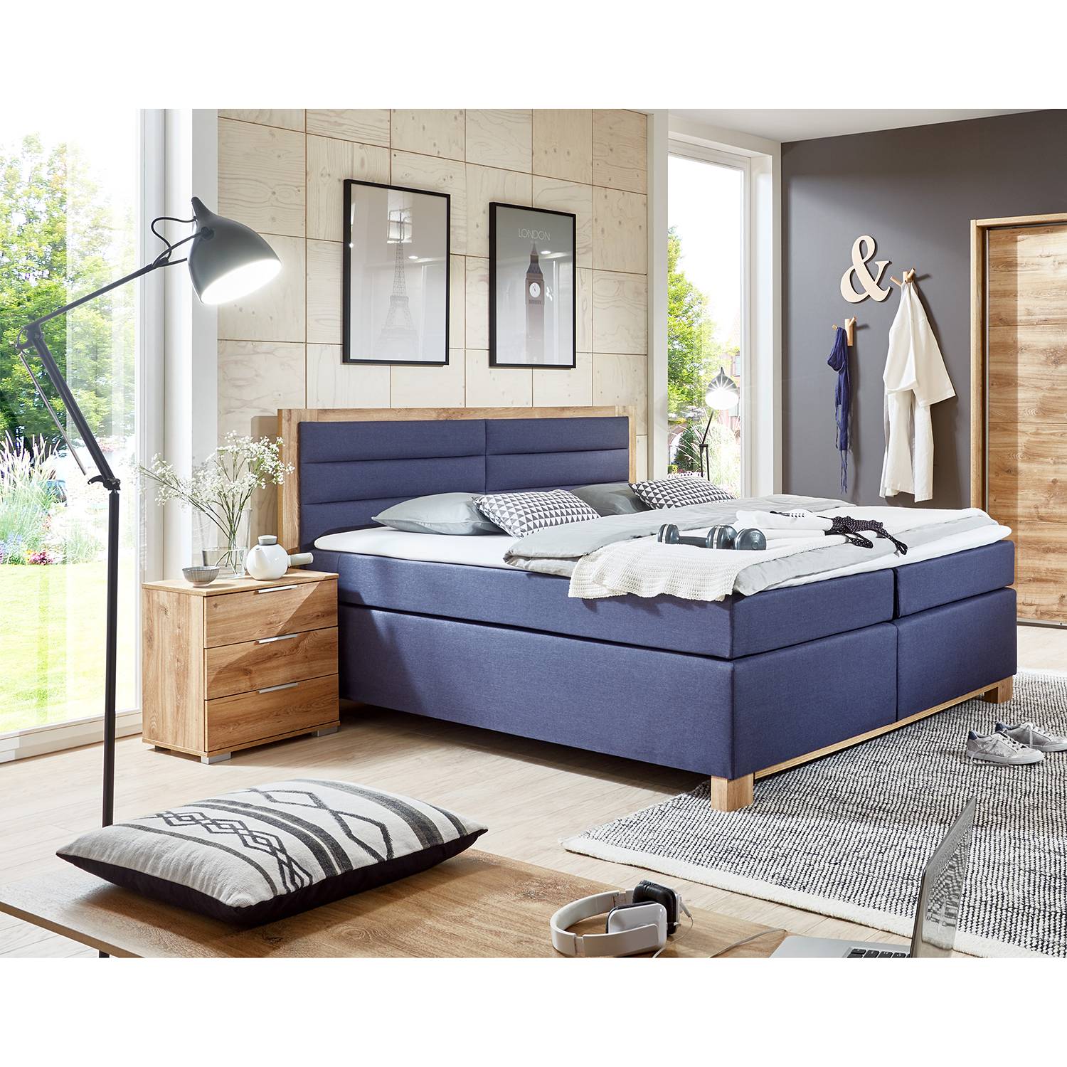 home24 Wimex Boxspringbett Ohio Webstoff/Spanplatte Dunkelblau/Plankeneiche Dekor mit Matratze/Kaltschaumtopper