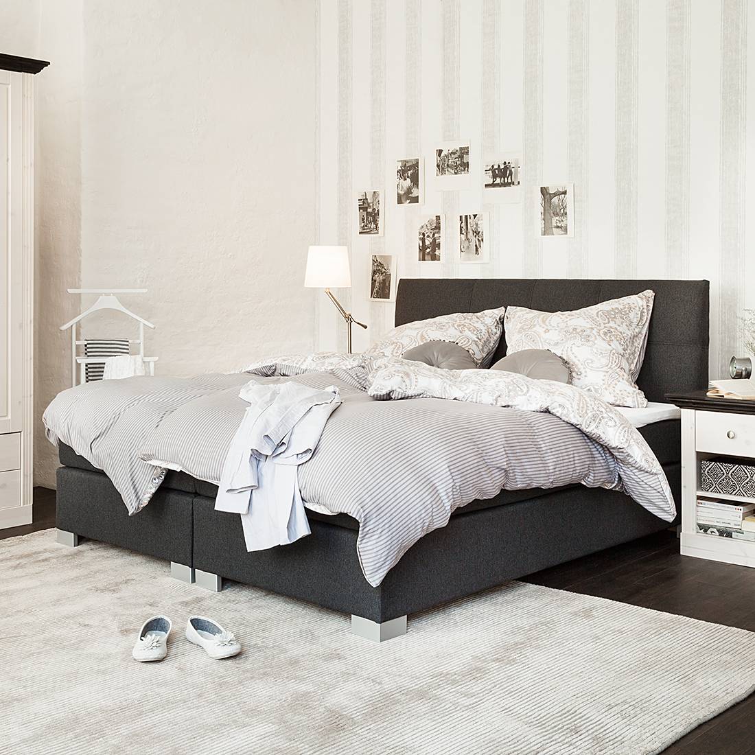 home24 Fredriks Boxspringbett Ramona III 180x200 cm Struksturstoff Anthrazit mit Lattenrost/Matratze/Topper