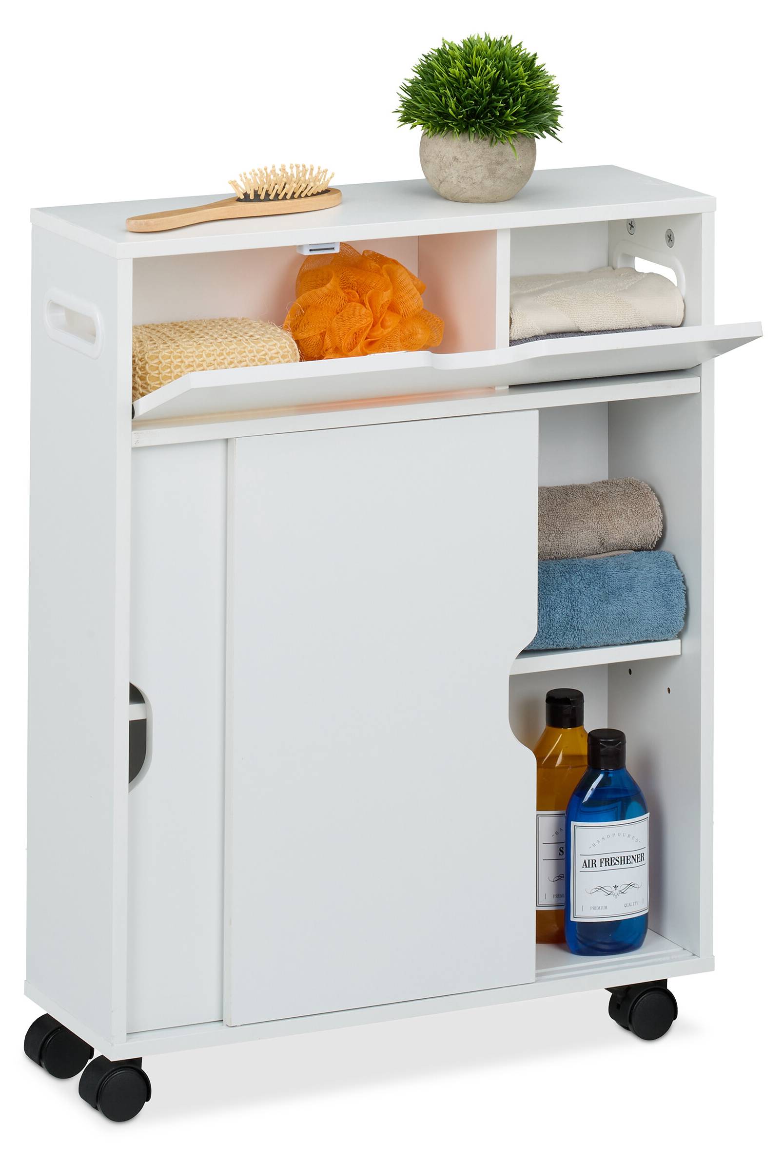 Produktbild von Relaxdays Nischenwagen Fürs Bad – Schmales Rollregal Mit WC-Bürstenhalter, Weiß, 71,5x17x50 Cm