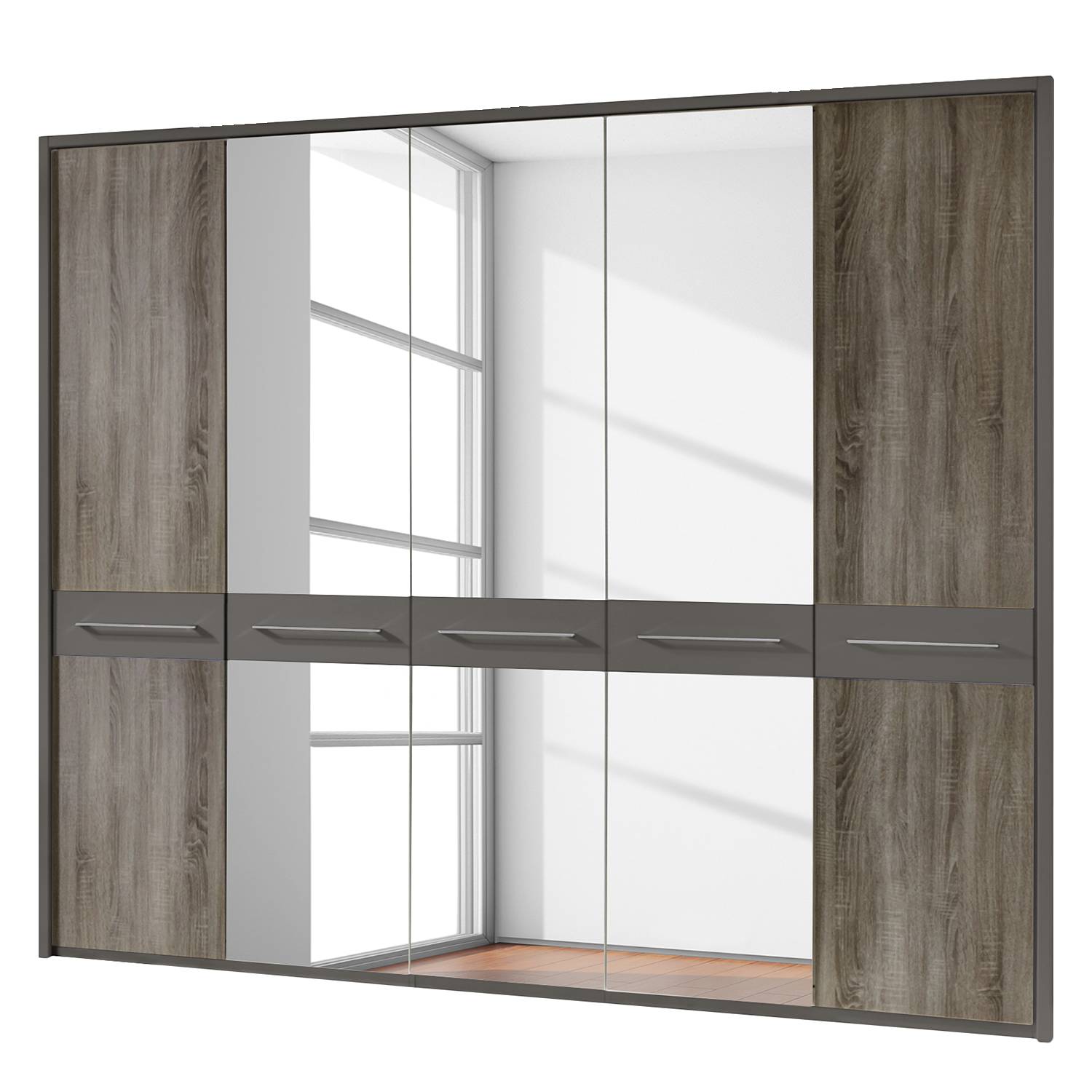 goedkoop Draaideurkast Ancona truffeleikenhouten look Havanna truffeleikenhouten look 250cm 5 deurs 3 spiegeldeuren Met Passe partout lijst Wiemann