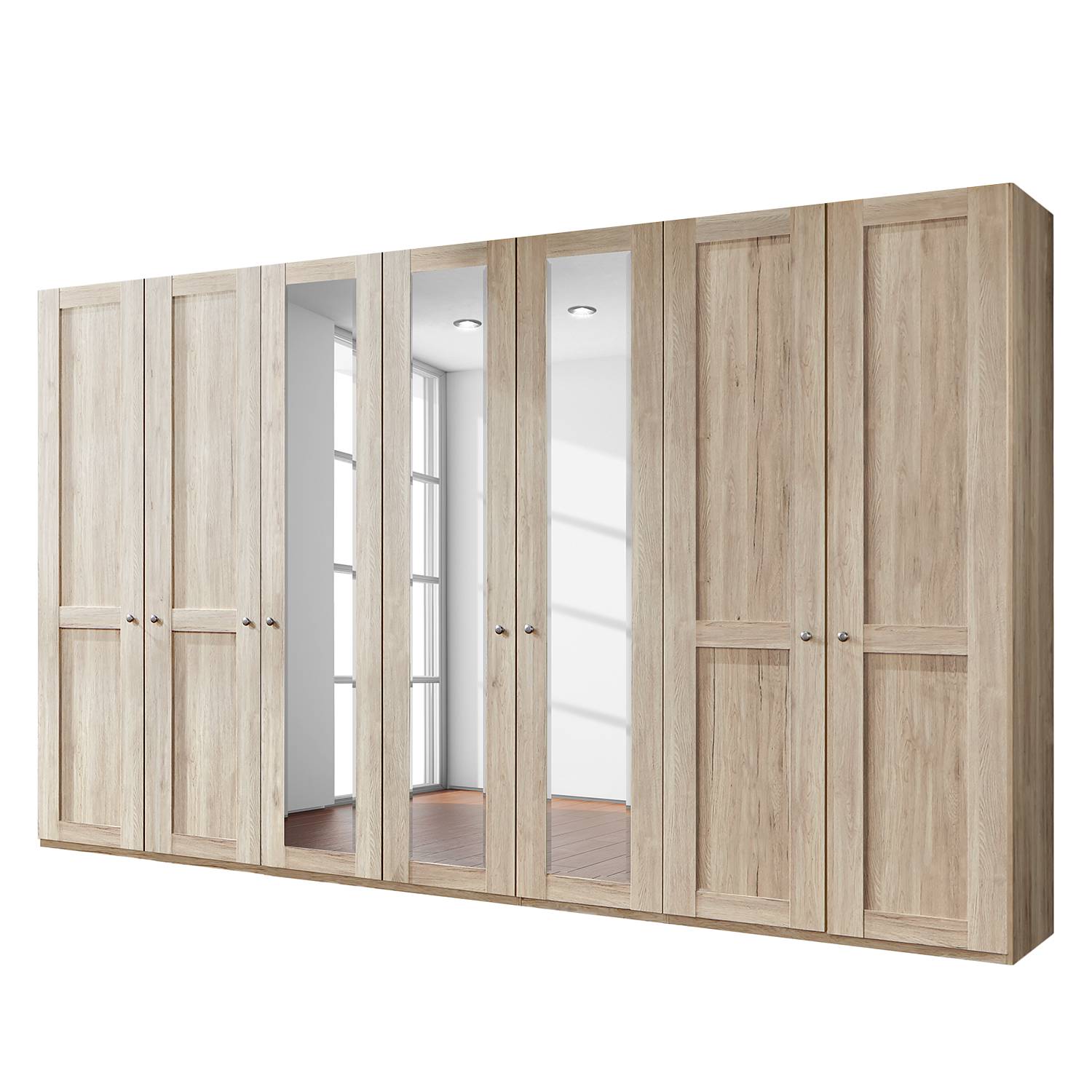 goedkoop Draaideurkast Bergamo Zonder verlichting Grof gezaagd eikenhouten look 350cm 7 deurs 3 spiegeldeuren Zonder kroonlijst Wiemann