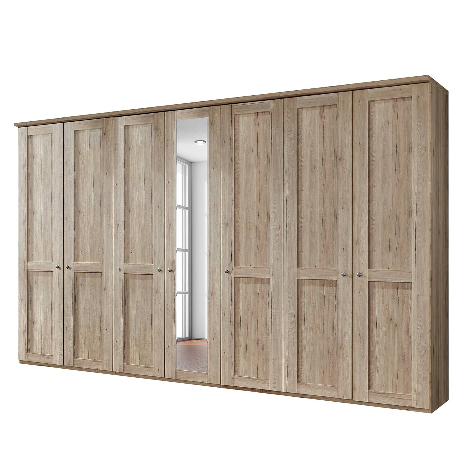 goedkoop Draaideurkast Bergamo Zonder verlichting Santana eikenhouten look 350cm 7 deurs 1 spiegeldeur Met kroonlijst Wiemann