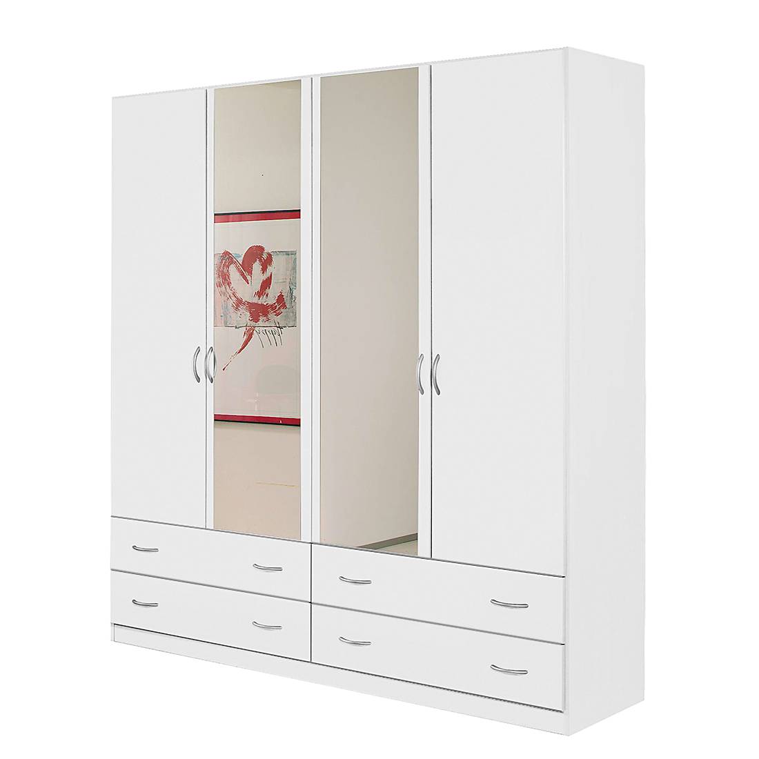 home24 Rauch Pack´s Drehtürenschrank Case IV Alpinweiß mit Spiegel 136x197x54 cm (BxHxT) 4-türig Spanplatte Modern