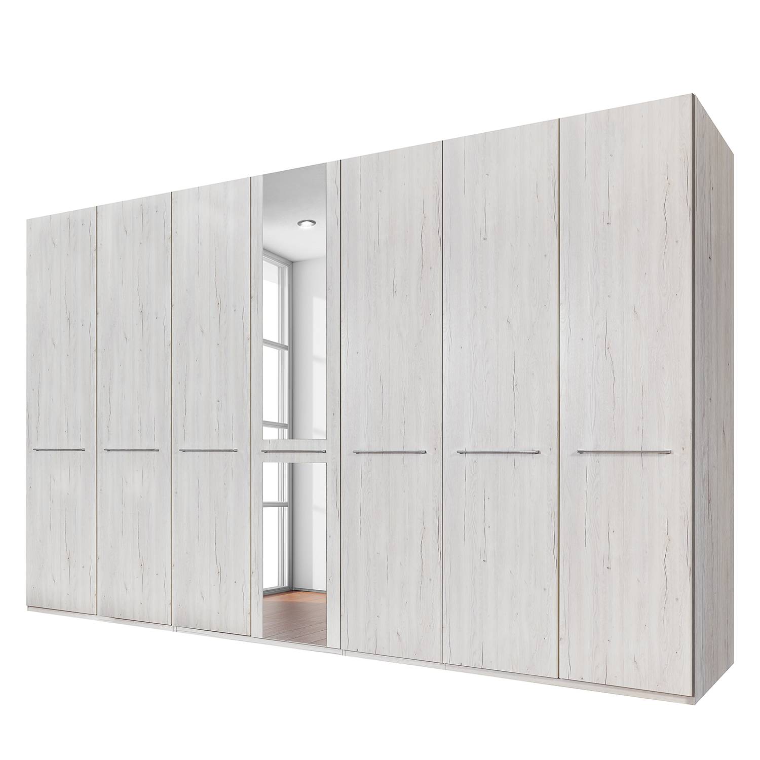 goedkoop Draaideurkast Madrid wit eikenhouten look 350cm 7 deurs 1 spiegeldeur Zonder Passe partout lijst Wiemann