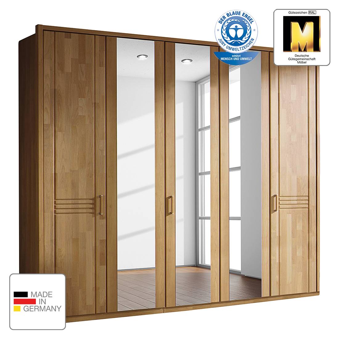 goedkoop Draaideurkast Savina Wild eikenhout 329cm 7 deurs 3 spiegeldeuren Met Passe partout lijst Rauch Steffen