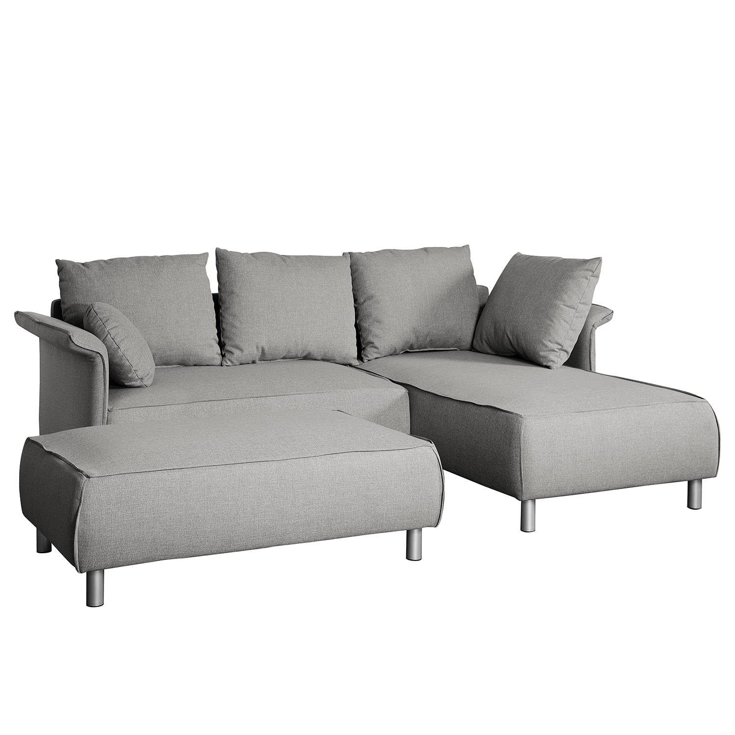 home24 Fredriks Ecksofa Ambesia Longchair Platin Strukturstoff 228x90x160 cm (BxHxT) mit Hocker Modern
