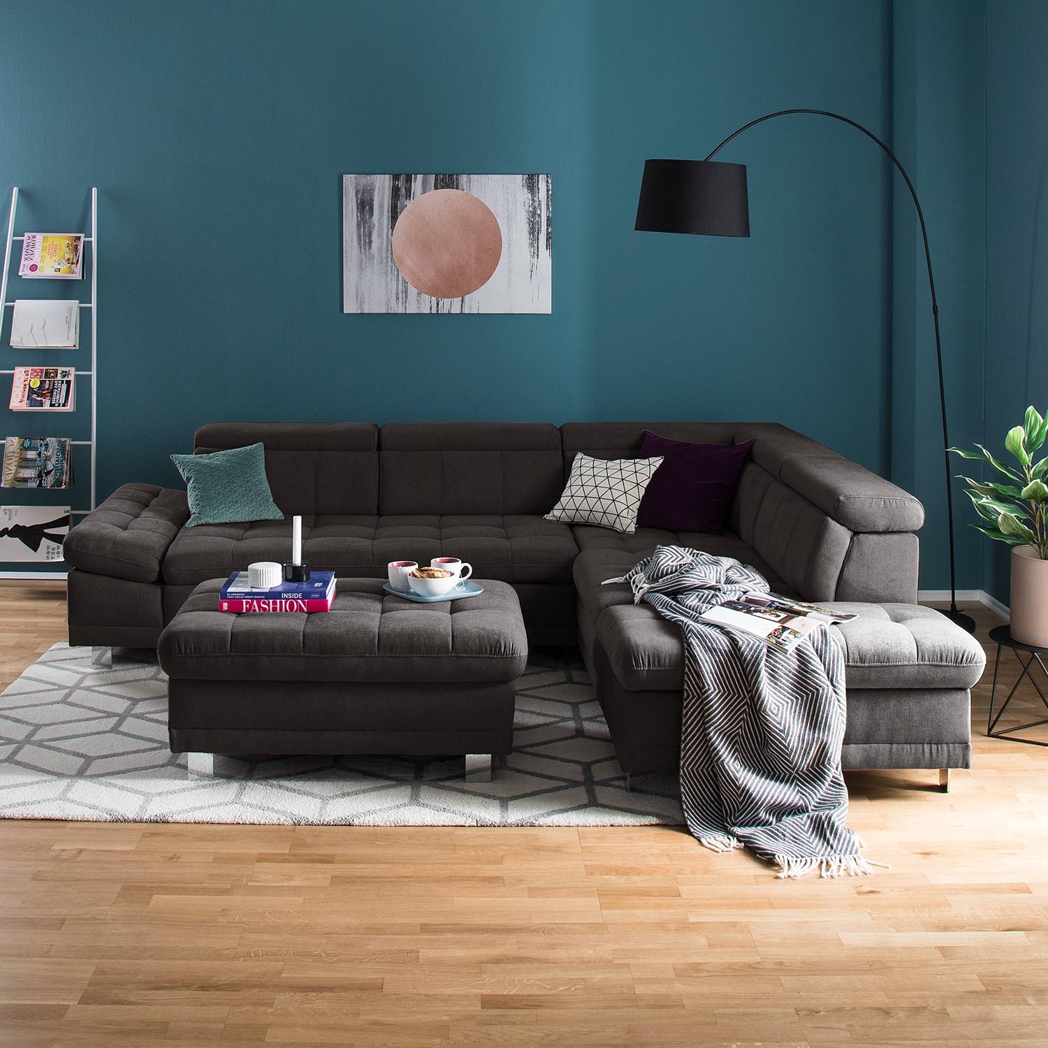 home24 Fredriks Ecksofa Ayna Braungrau Microfaser 275x89x217 cm mit Schlaffunktion und Bettkasten