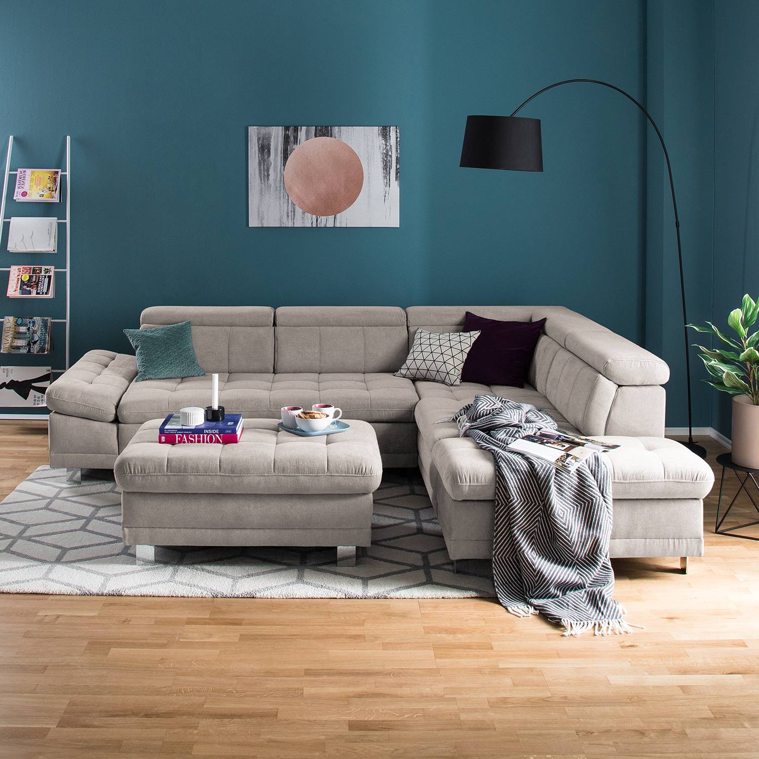 home24 Fredriks Ecksofa Ayna Kaschmir Microfaser 275x89x217 cm mit Schlaffunktion und Bettkasten