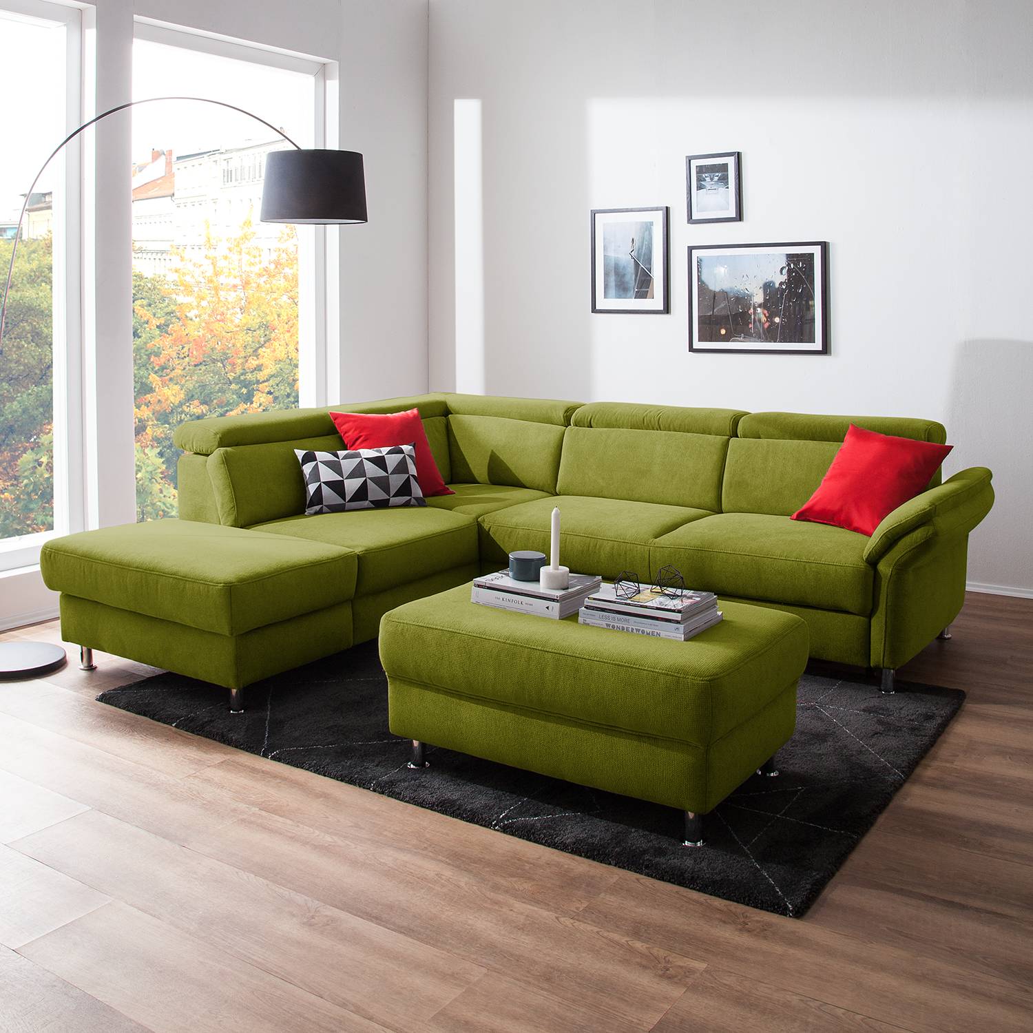 home24 Fredriks Ecksofa Calang Grasgrün Webstoff 267x97x228 cm (BxHxT) mit Schlaffunktion/Bettkasten Modern