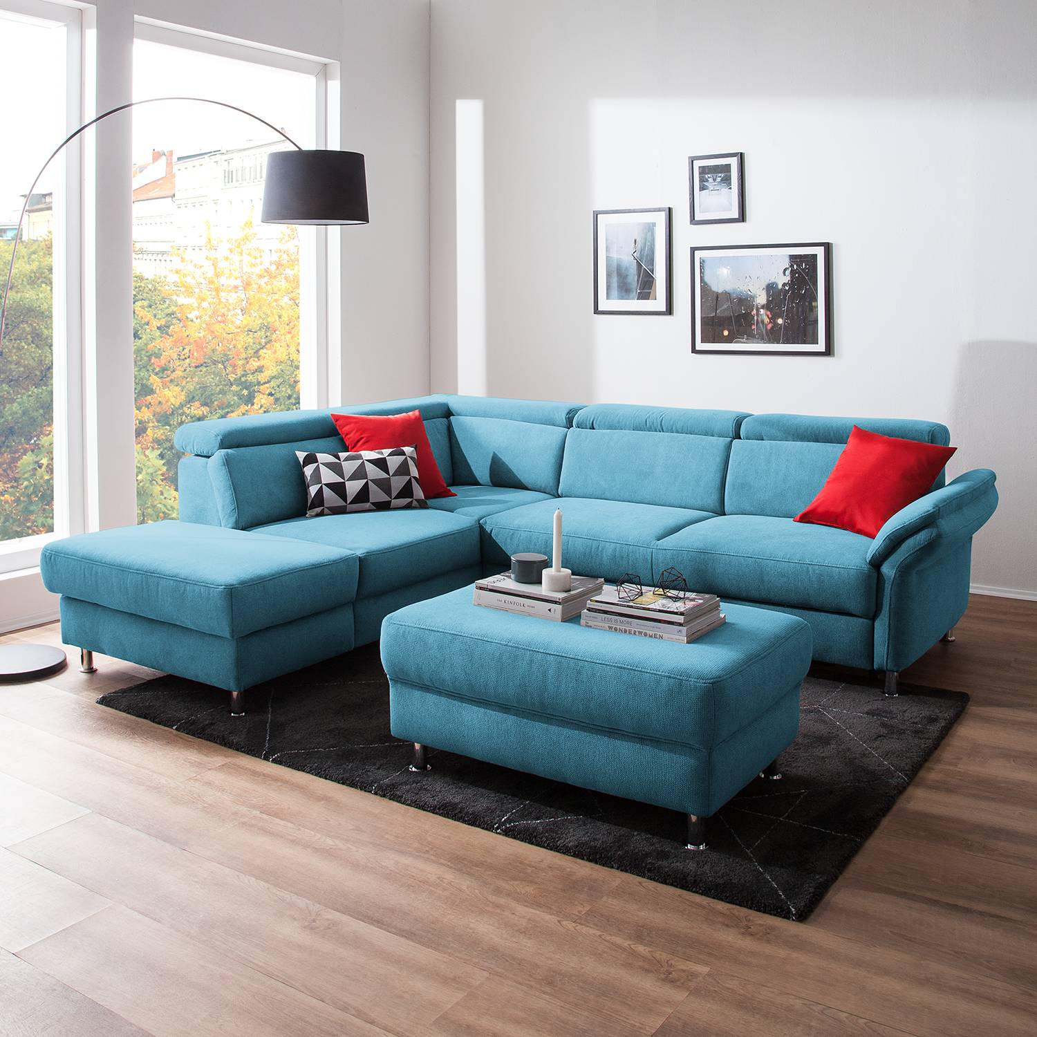 home24 Fredriks Ecksofa Calang Hellblau Webstoff 267x97x228 cm (BxHxT) mit Schlaffunktion/Bettkasten Modern