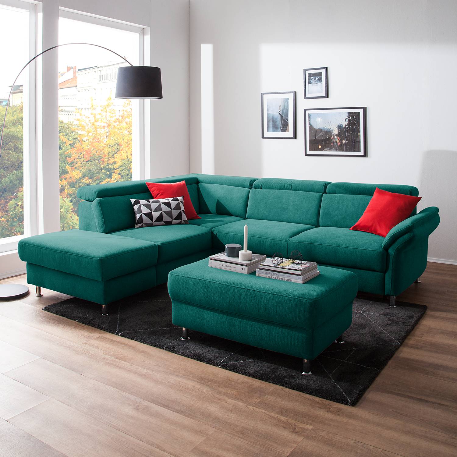 home24 Fredriks Ecksofa Calang Petrol Webstoff 267x97x228 cm (BxHxT) mit Schlaffunktion/Bettkasten Modern
