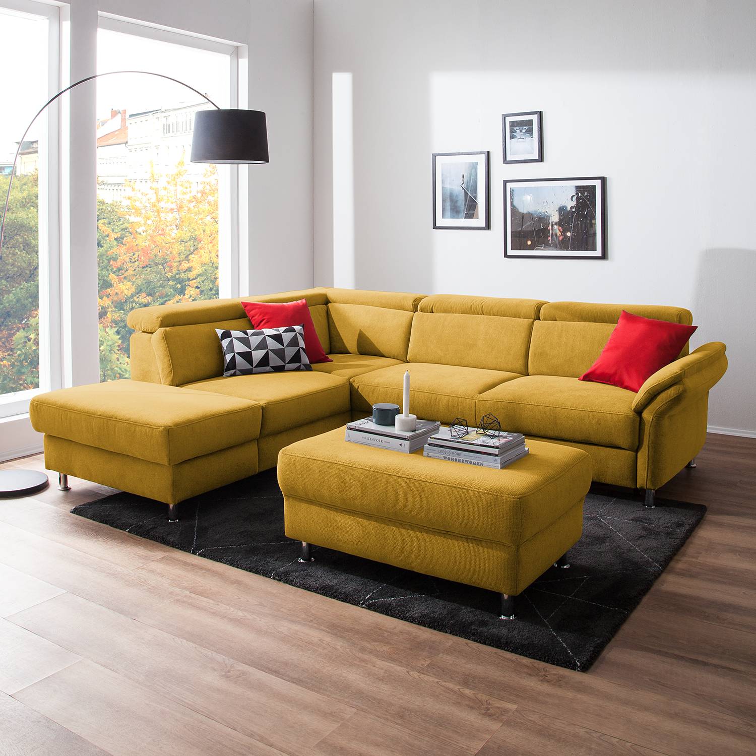 home24 Fredriks Ecksofa Calang Safrangelb Webstoff 267x97x228 cm (BxHxT) mit Schlaffunktion/Bettkasten Modern