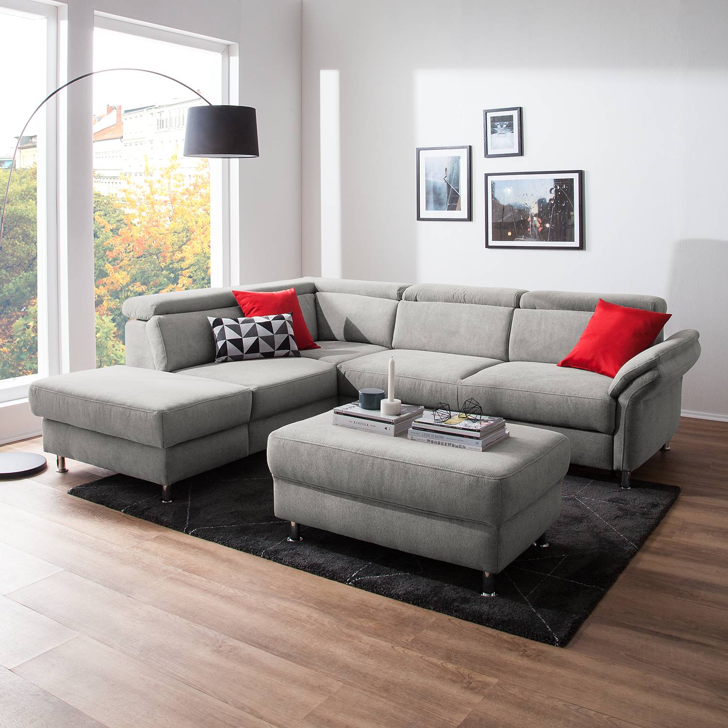 home24 Fredriks Ecksofa Calang Silbergrau Webstoff 267x97x228 cm (BxHxT) mit Schlaffunktion/Bettkasten Modern