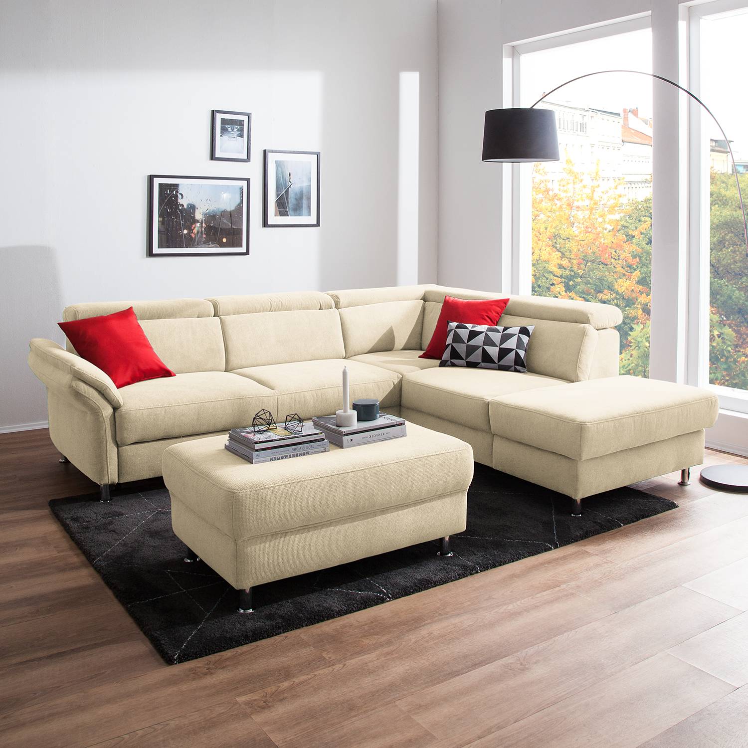 home24 Fredriks Ecksofa Calang Creme Webstoff 267x97x228 cm (BxHxT) mit Schlaffunktion/Bettkasten Modern