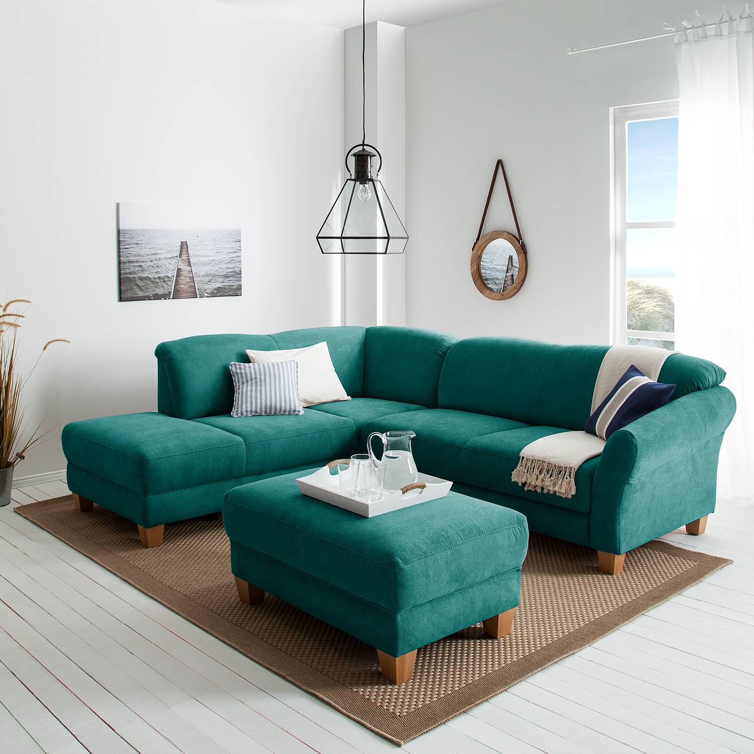 home24 Ars Natura Ecksofa Cebu 2-Sitzer Petrol Webstoff 257x84x212 cm mit Bettkasten