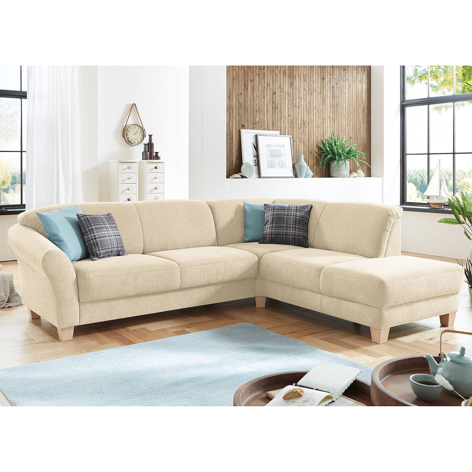home24 Ars Natura Ecksofa Cebu 2-Sitzer Creme Webstoff 257x84x212 cm mit Bettkasten