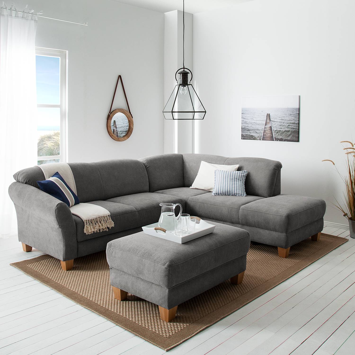 home24 Ars Natura Ecksofa Cebu 2-Sitzer Grau Webstoff 257x84x212 cm mit Bettkasten