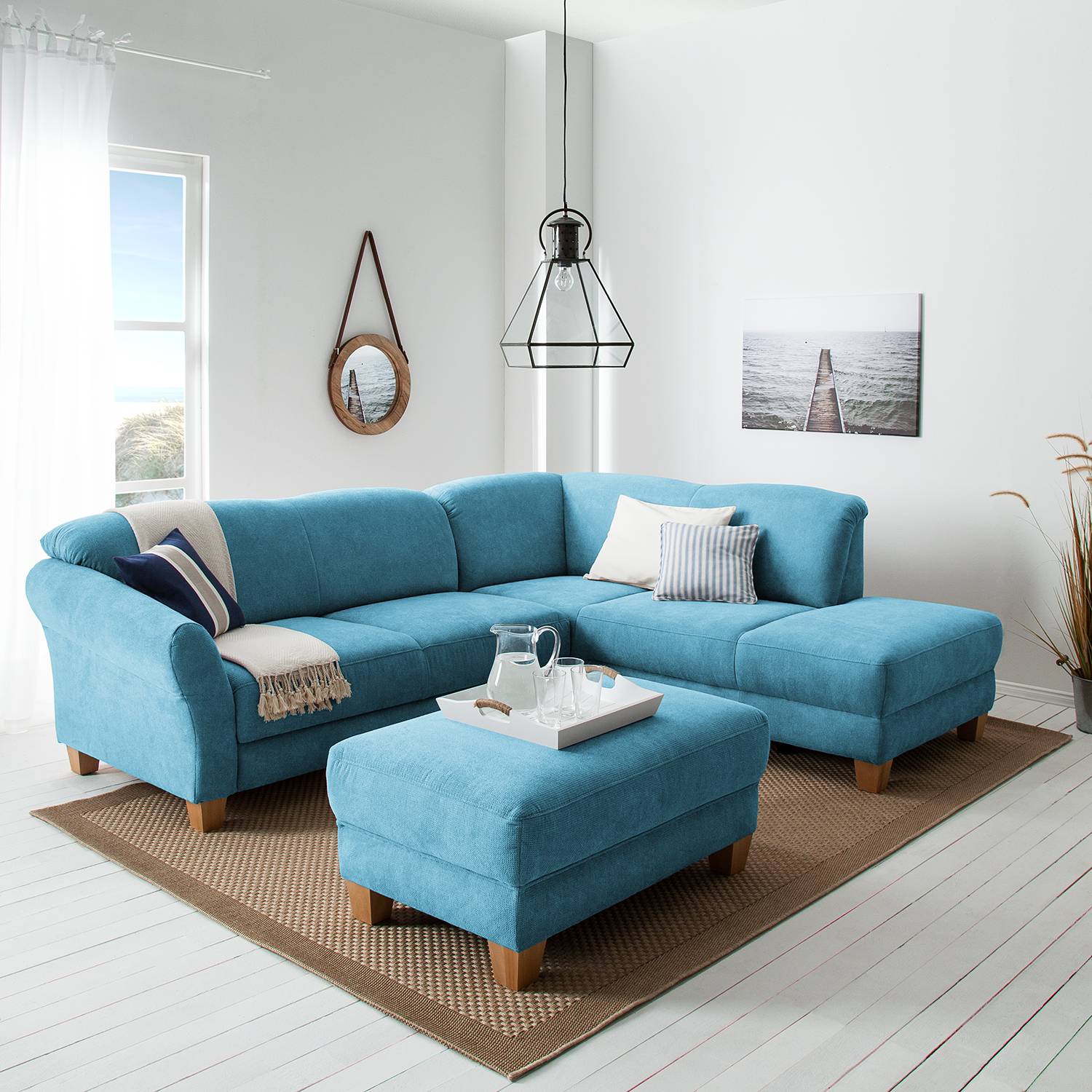 home24 Ars Natura Ecksofa Cebu 2-Sitzer Hellblau Webstoff 257x84x212 cm mit Bettkasten