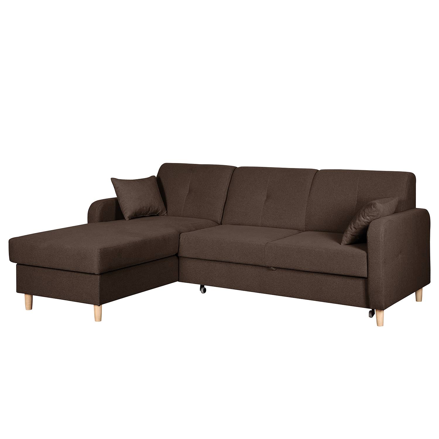 home24 Mørteens Ecksofa Clintwood Kokosnuss Webstoff 222x87x163 cm mit Schlaffunktion und Bettkasten