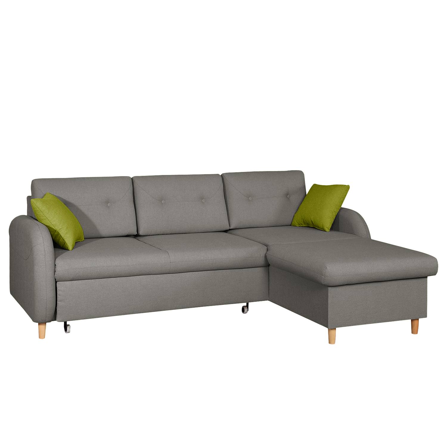 home24 Mørteens Ecksofa Eastville Grau Webstoff 227x86x160 cm mit Schlaffunktion und Bettkasten