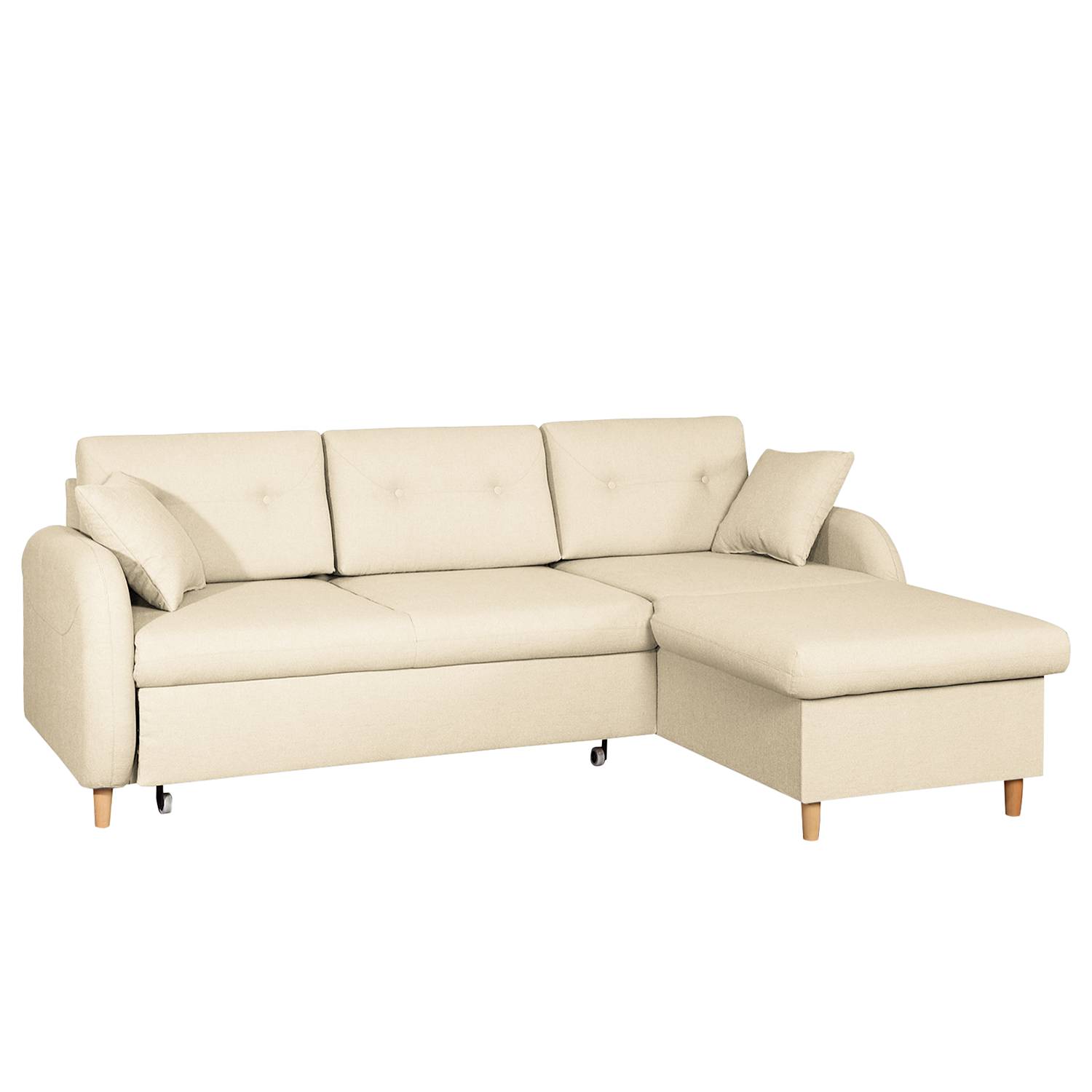 home24 Mørteens Ecksofa Eastville Hellbeige Webstoff 227x86x160 cm mit Schlaffunktion und Bettkasten