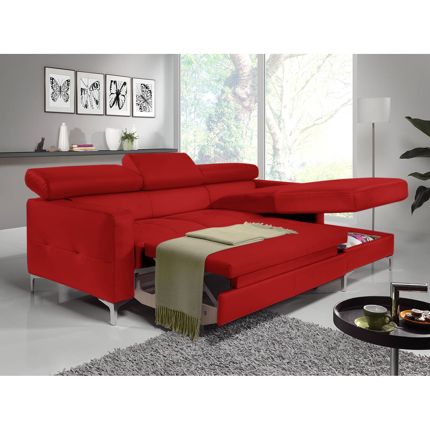 home24 Cotta Ecksofa Eduardo 2-Sitzer Rot Kunstleder 226x74x169 cm (BxHxT) mit Schlaffunktion/Bettkasten Modern
