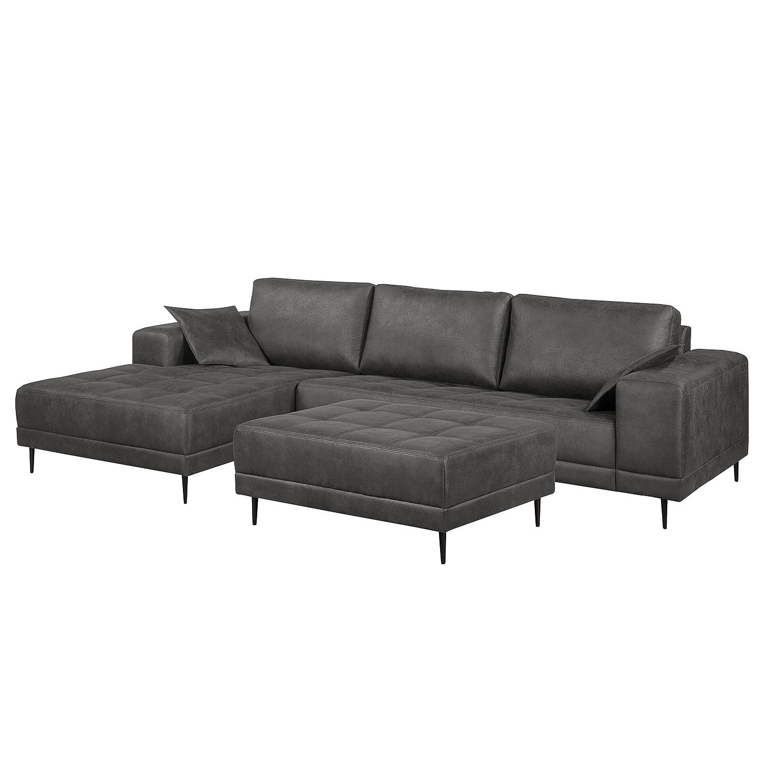 home24 ars manufacti Ecksofa Flesk Basalt Microfaser 282x83x167 cm (BxHxT) mit Hocker Industrial