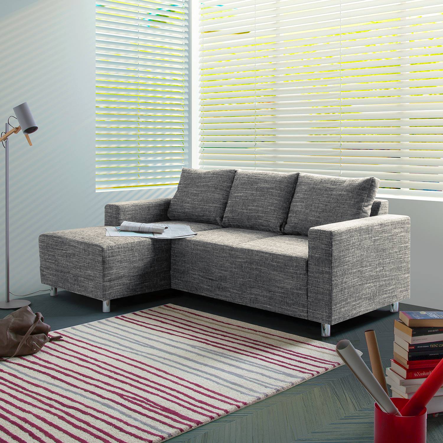 home24 Fredriks Ecksofa Greenwood 2-Sitzer Grau Strukturstoff 200x72x144 cm (BxHxT) Modern