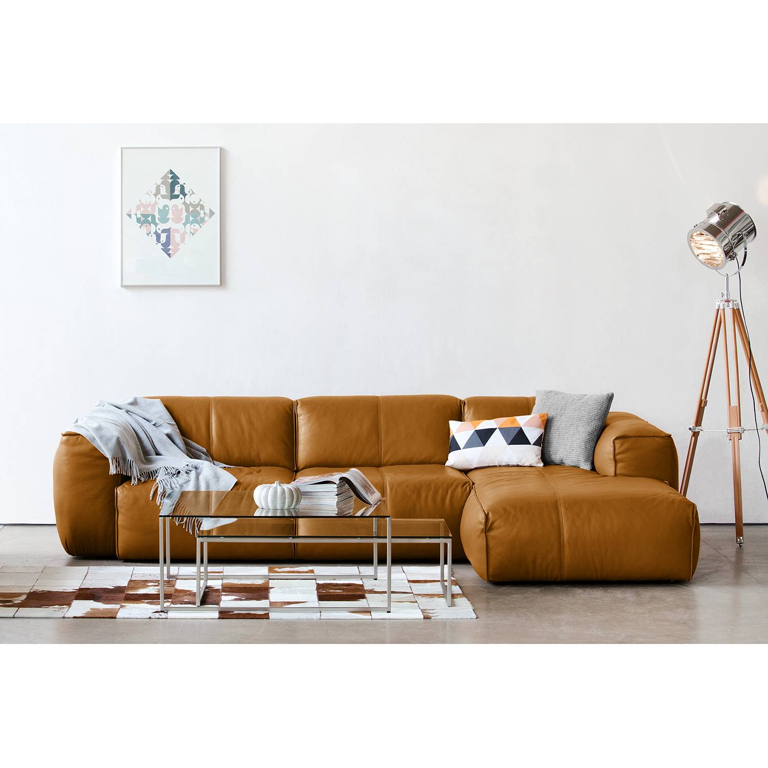 home24 Studio Copenhagen Ecksofa Hudson I Cognac Echtleder 328x71x173 cm (BxHxT) Skandi