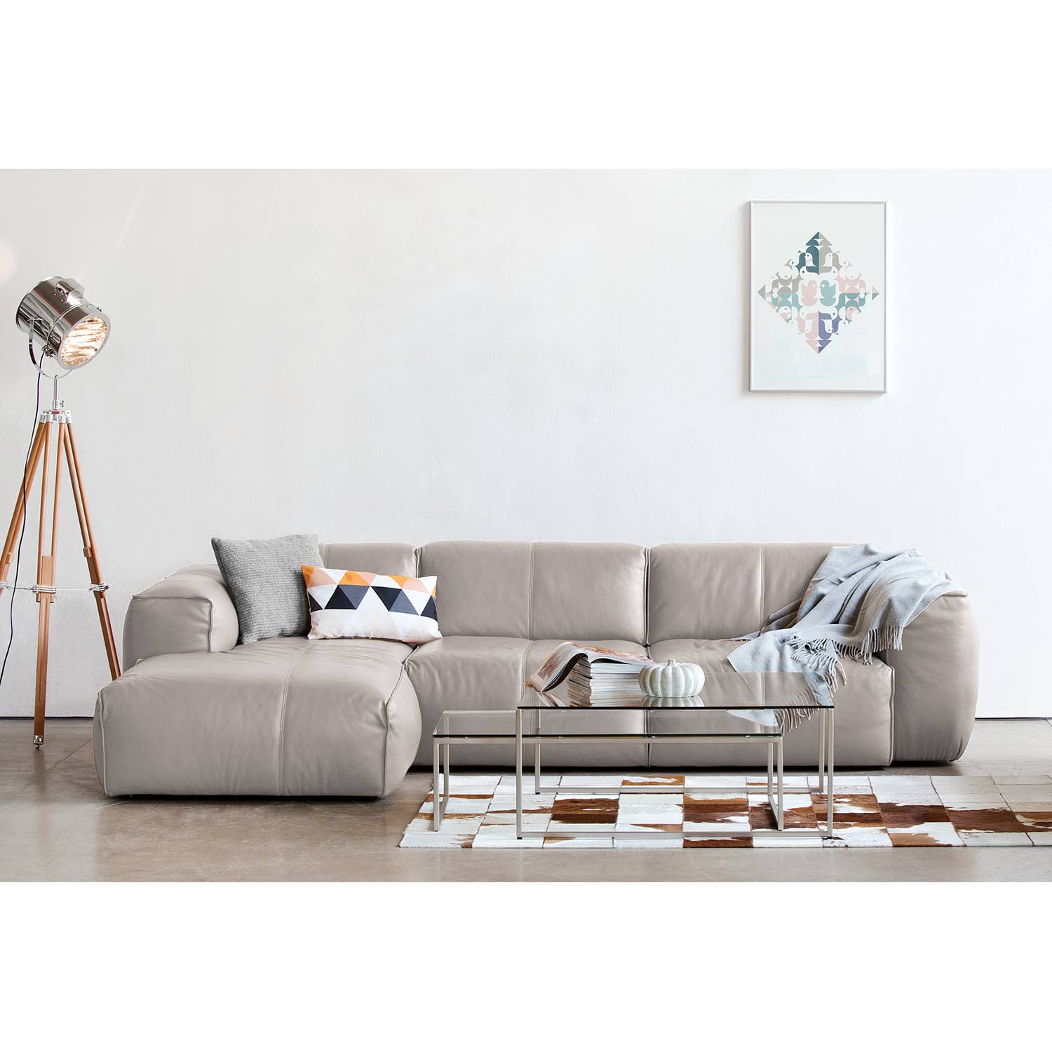 home24 Studio Copenhagen Ecksofa Hudson I Hellgrau Echtleder 328x71x173 cm (BxHxT) Skandi